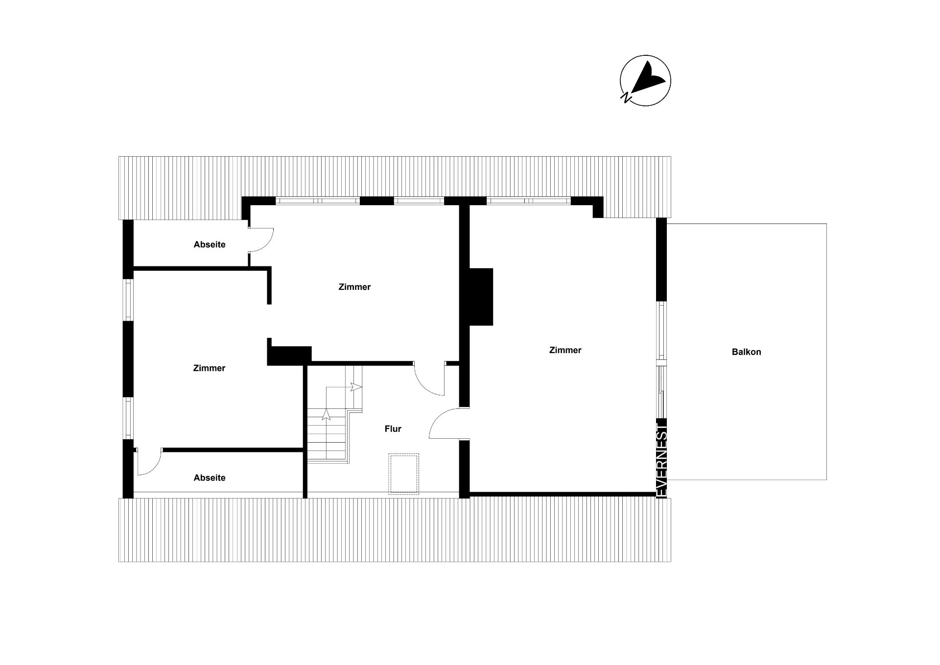 Grundriss mit drei Zimmern, zwei Abseiten, Flur und großem Balkon.