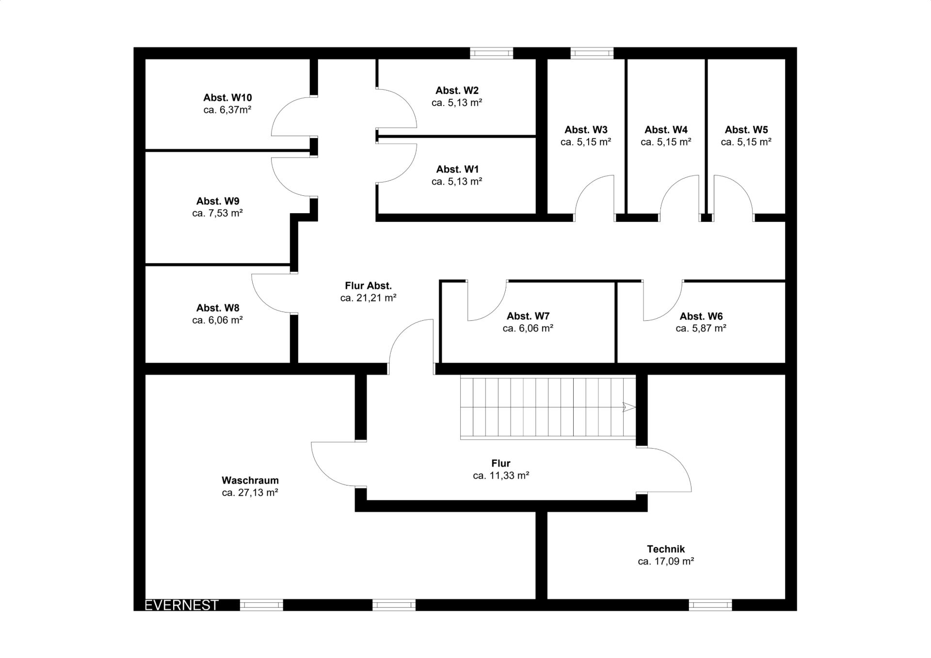 Grundriss mit mehreren Abstellräumen, Waschküche, Technikraum und Flur.