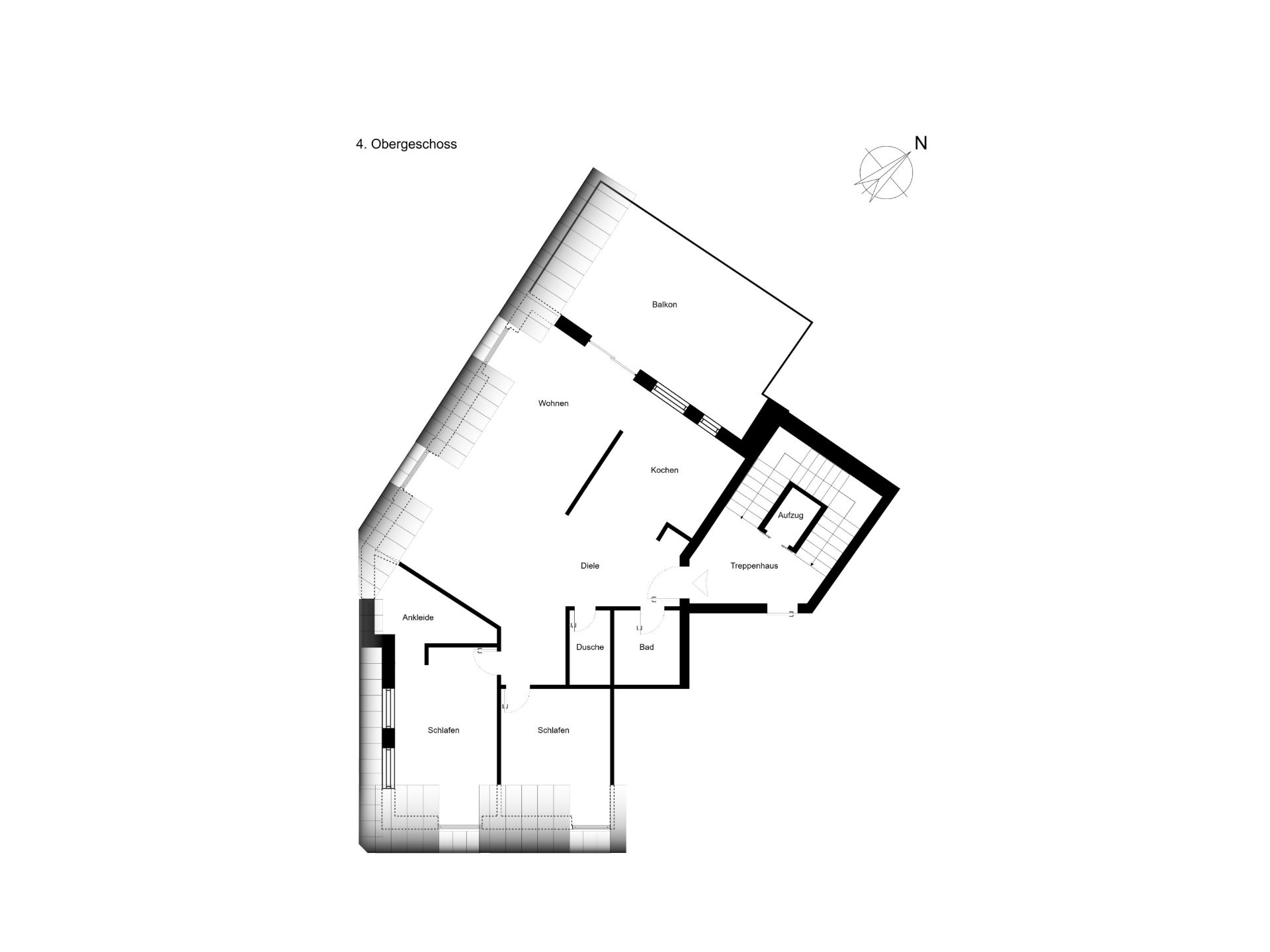 Grundriss einer Wohnung mit Balkon, Wohnzimmer, Küche, zwei Schlafzimmern und Bädern.