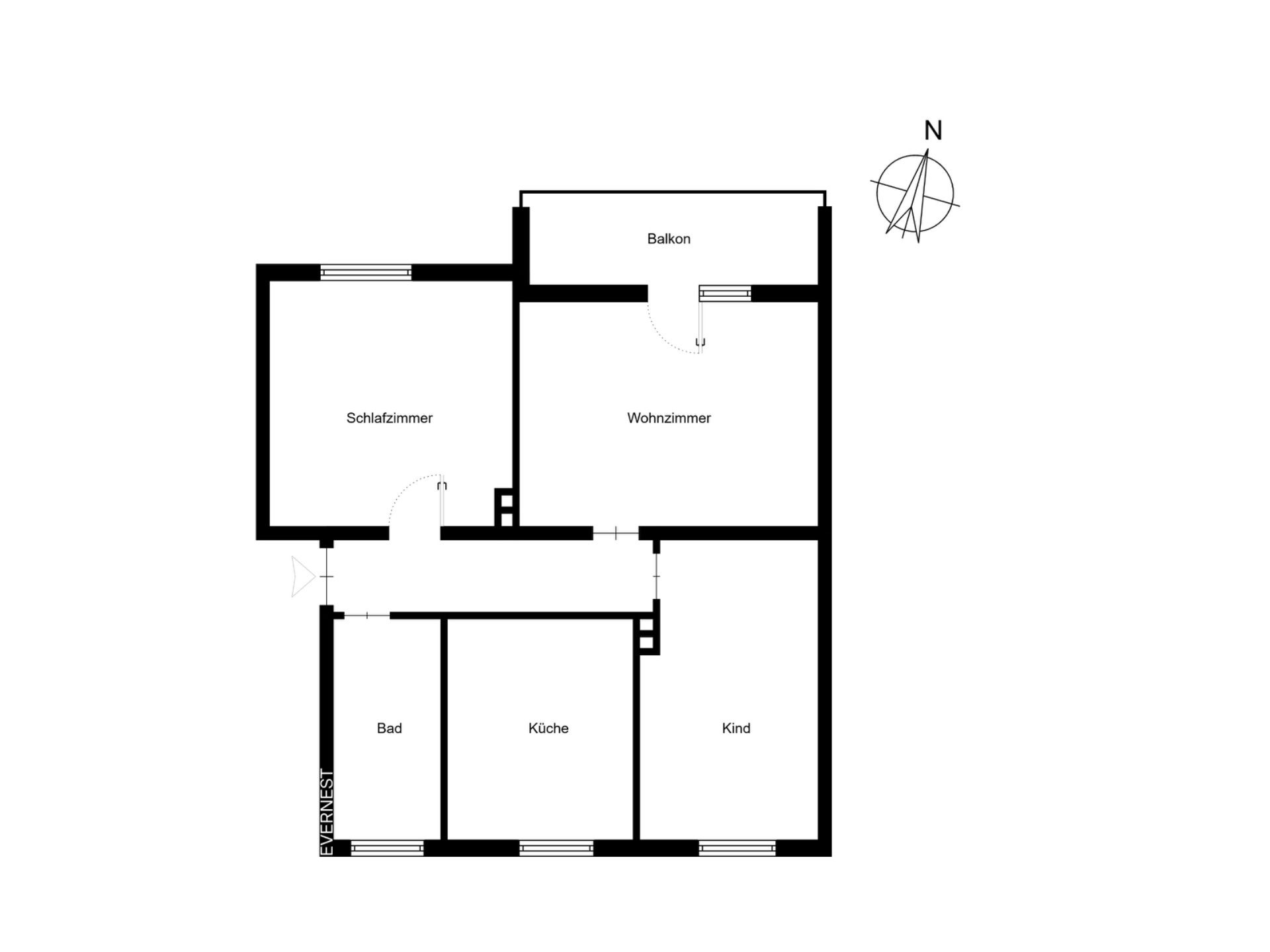 Grundriss mit Schlafzimmer, Wohnzimmer, Kind, Küche, Bad und Balkon.