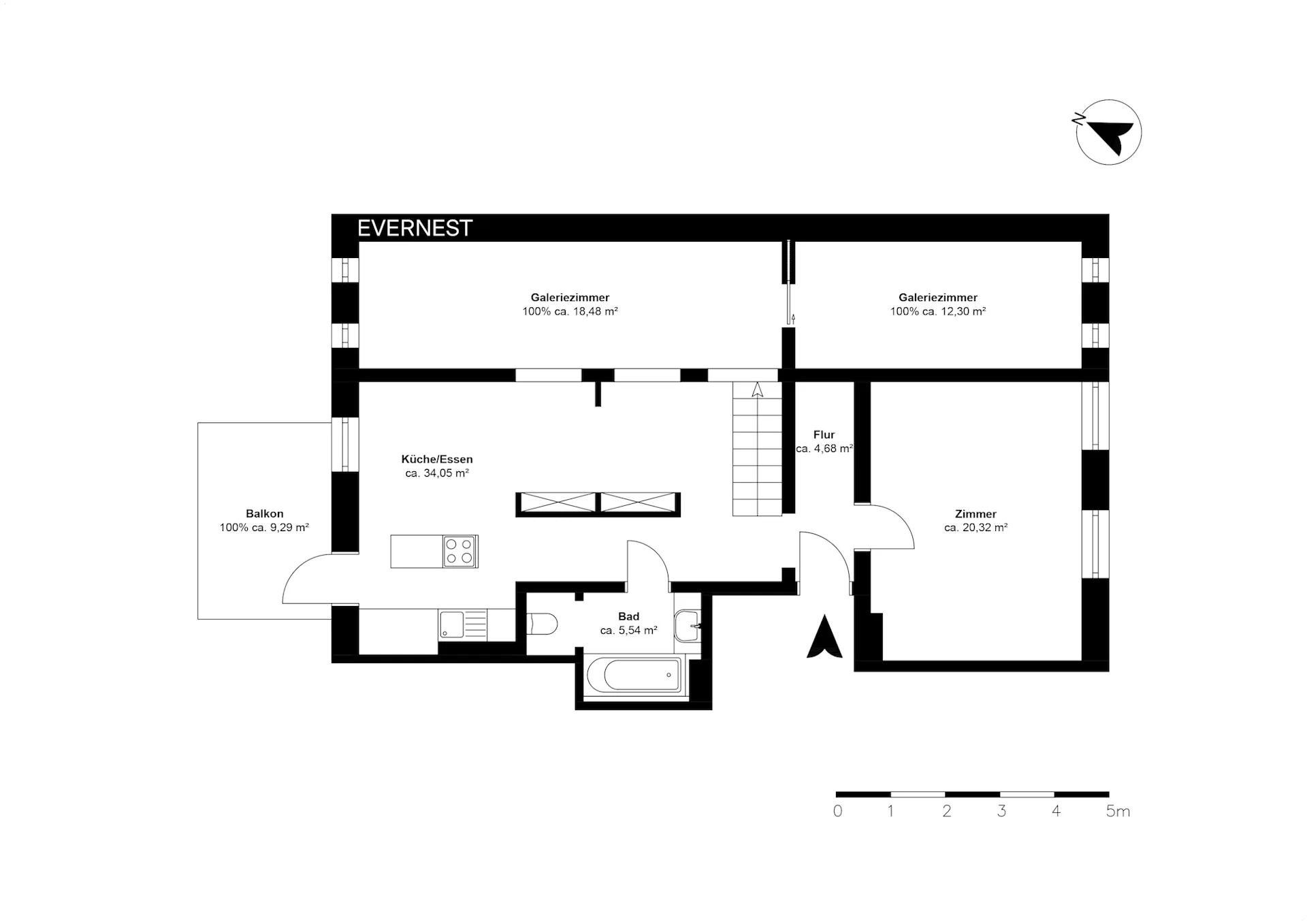 Grundriss einer Wohnung mit Balkon, Küche, Bad, Flur und mehreren Zimmern.