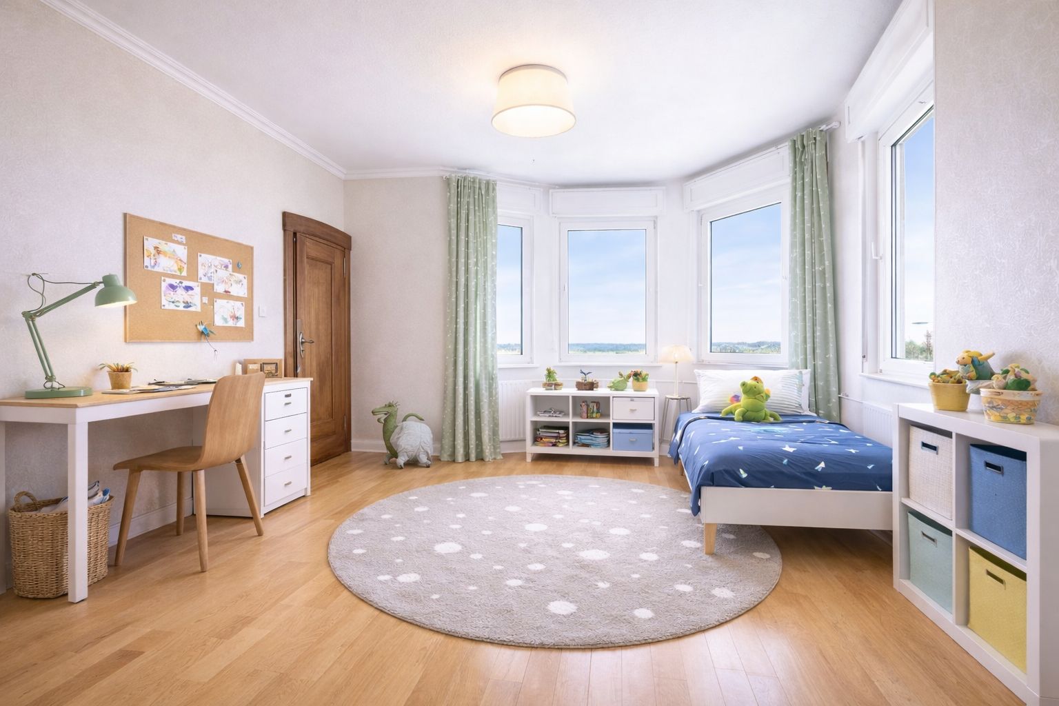 Helles Kinderzimmer mit großem Fenster, Schreibtisch, Bett und rundem Teppich auf Holzfußboden.