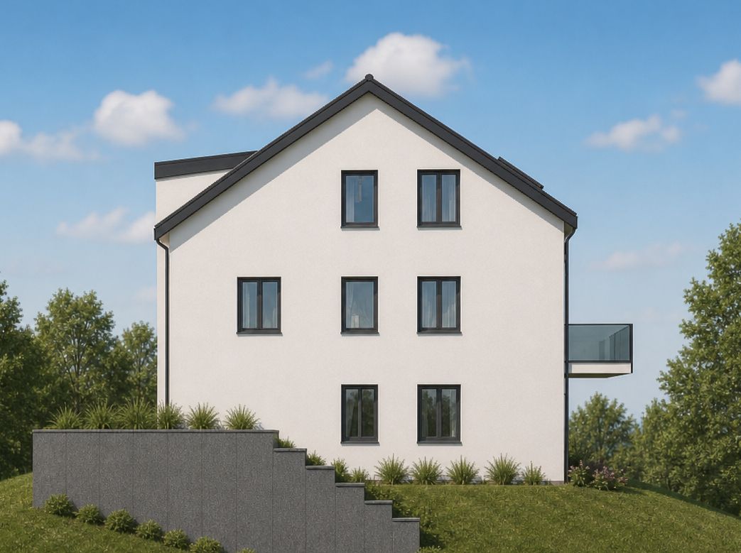 Modernes weißes Wohnhaus mit sechs Fenstern und Balkon auf einer begrünten Böschung.