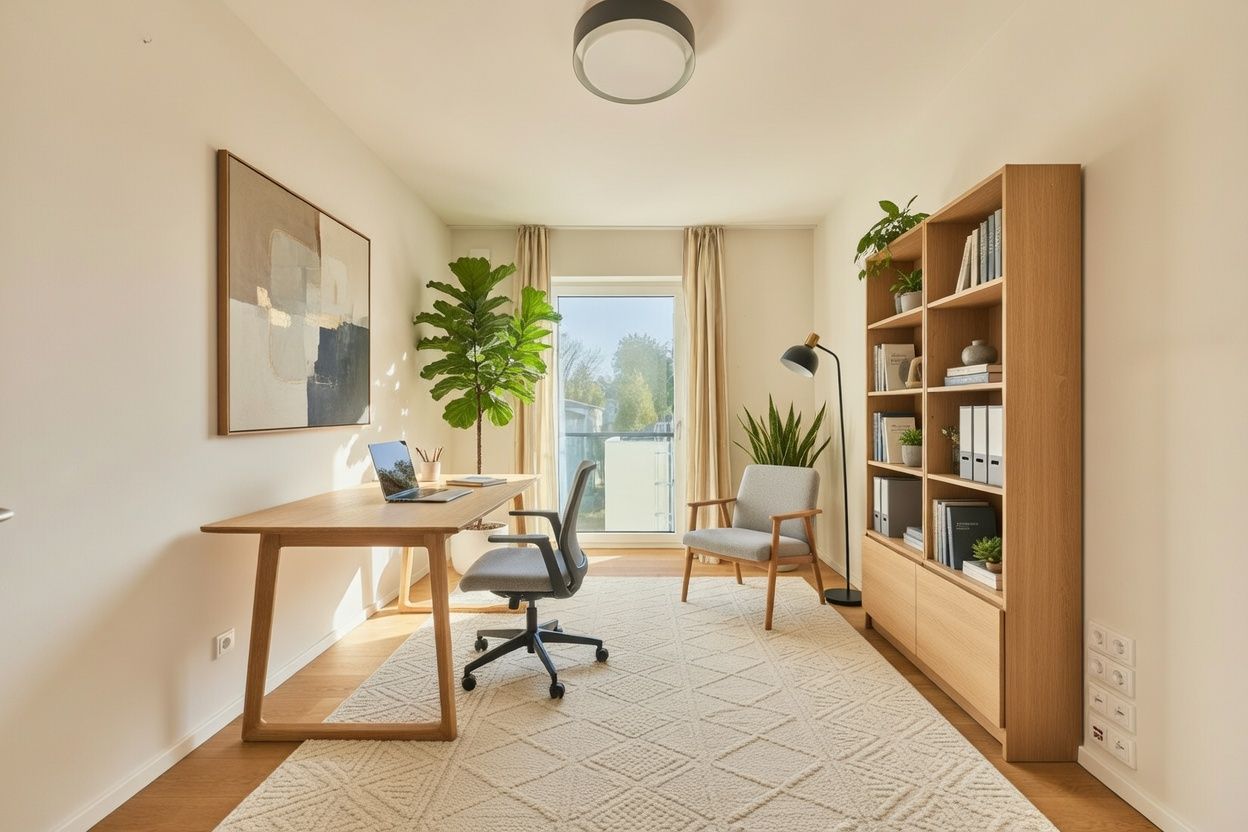 Helles Arbeitszimmer mit Schreibtisch, Stuhl, Regal, Sessel, Pflanzen und großem Fenster.
