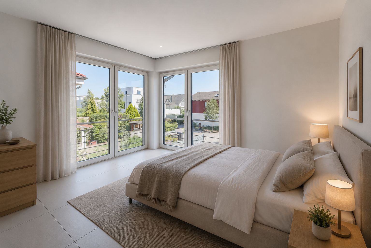 Helles Schlafzimmer mit großem Bett, Nachttischen, Kommode und großen Fenstern mit Blick nach draußen.