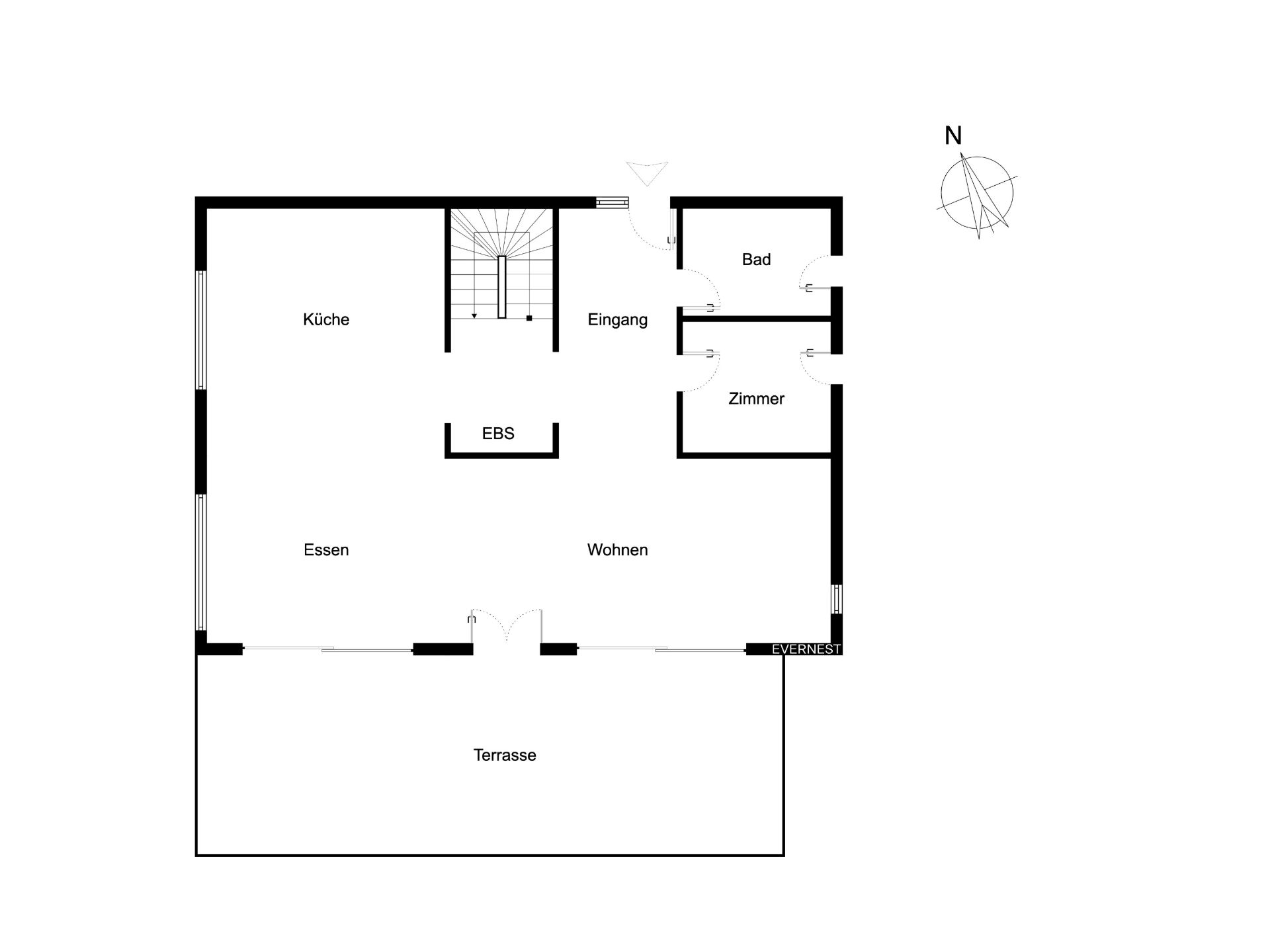 Grundriss mit Küche, Essen, Wohnen, Bad, Zimmer, Eingang und Terrasse.