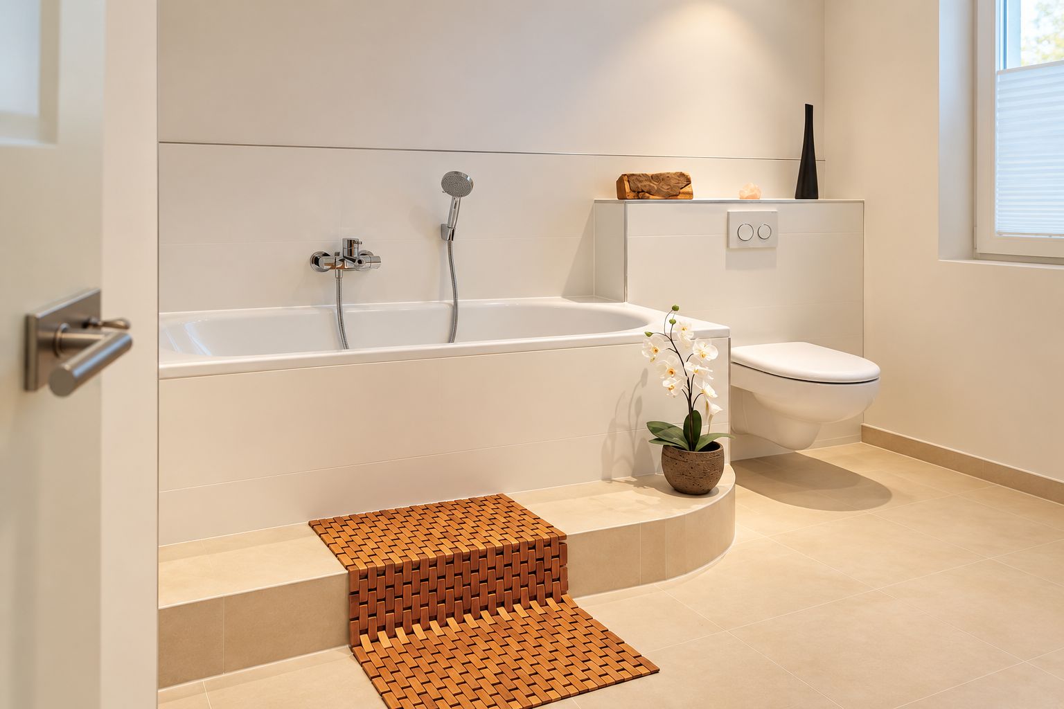 Modernes Badezimmer mit Badewanne, wandhängender Toilette, Duschkopf und Deko-Orchidee.