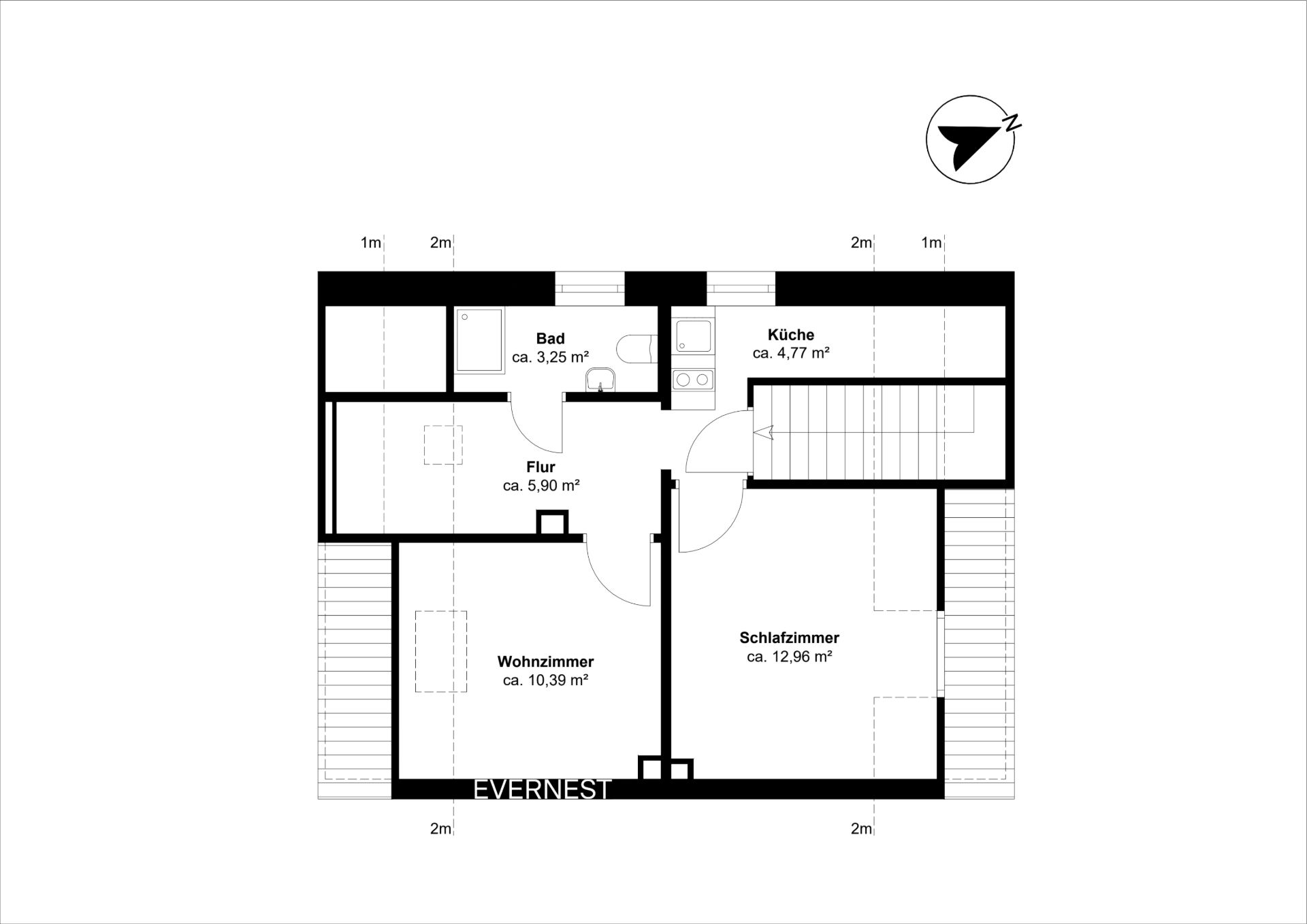 Grundriss einer Wohnung mit Wohnzimmer, Schlafzimmer, Bad, Küche und Flur.