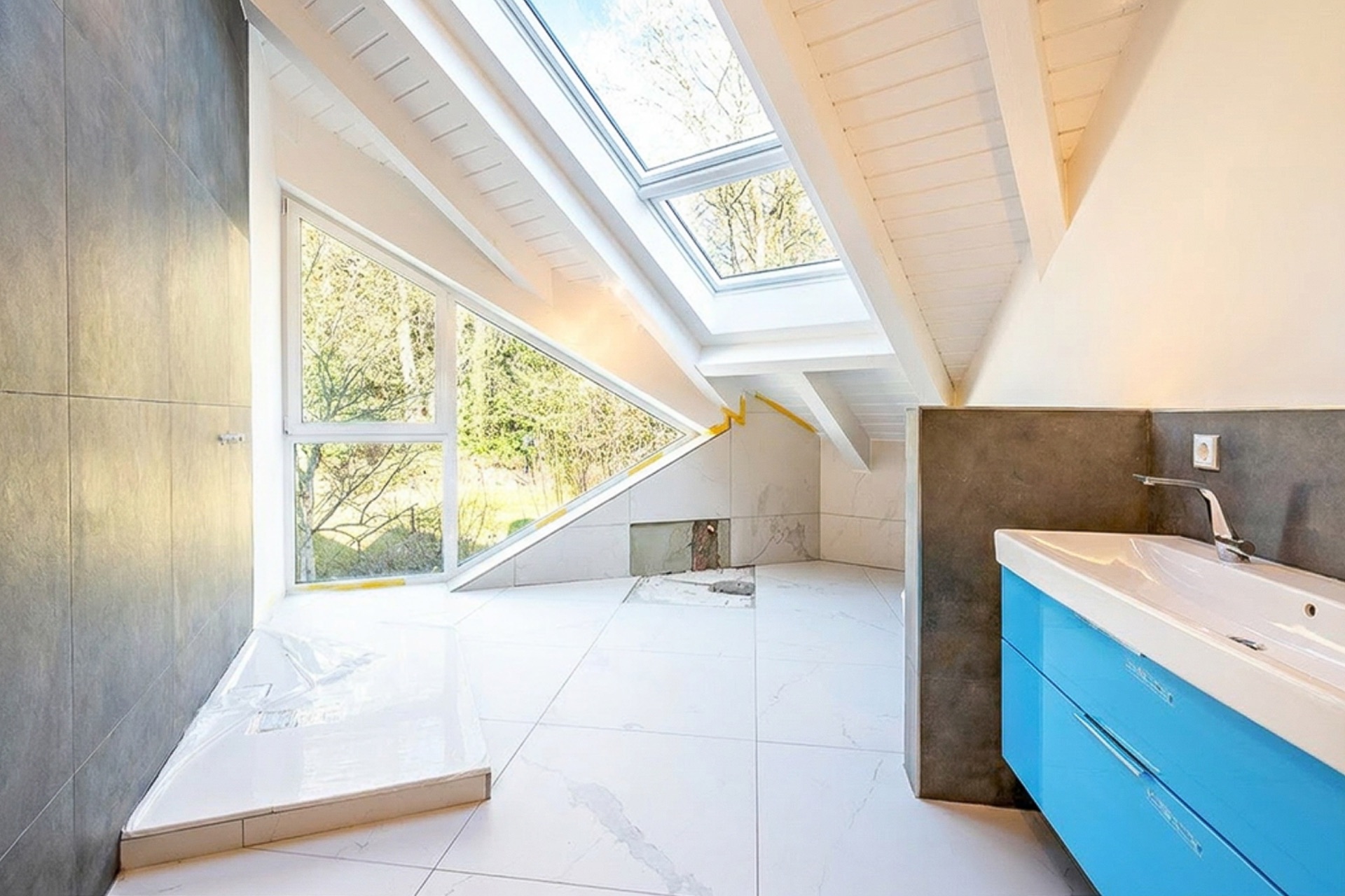 Modernes Badezimmer mit Dachfenster, blauer Waschtisch und großer Fensterfront.