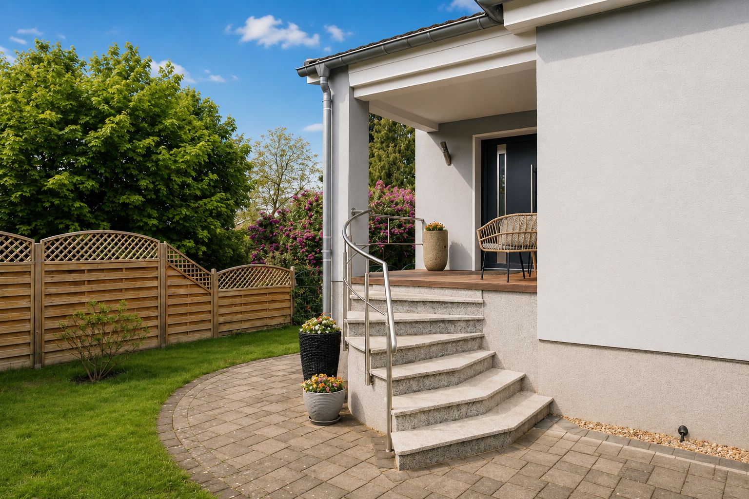 Eingangsbereich eines Hauses mit Treppe, Geländer und Blumentöpfen auf einer gefliesten Terrasse.
