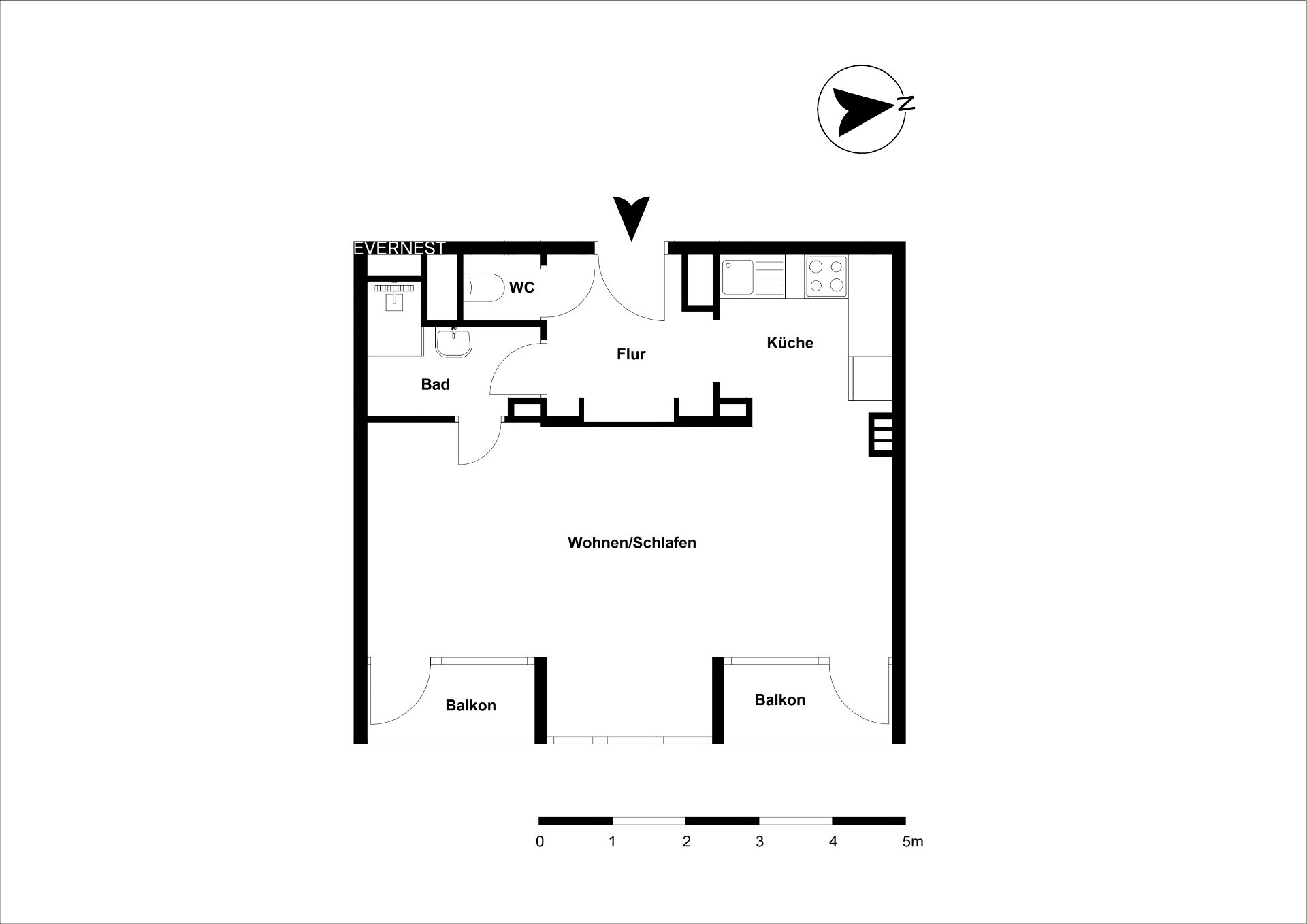 Grundriss einer Wohnung mit Bad, WC, Küche, Flur, Wohn-/Schlafraum und zwei Balkonen.
