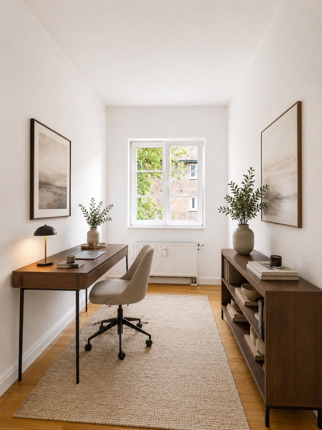 Heller Arbeitsraum mit Schreibtisch, Stuhl, Regal, Teppich und großem Fenster.