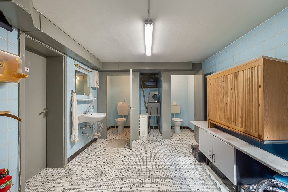 Heller Raum mit zwei Toiletten, Waschbecken, Spiegel und Holzschrank, weiß-blauer Fliesenboden.
