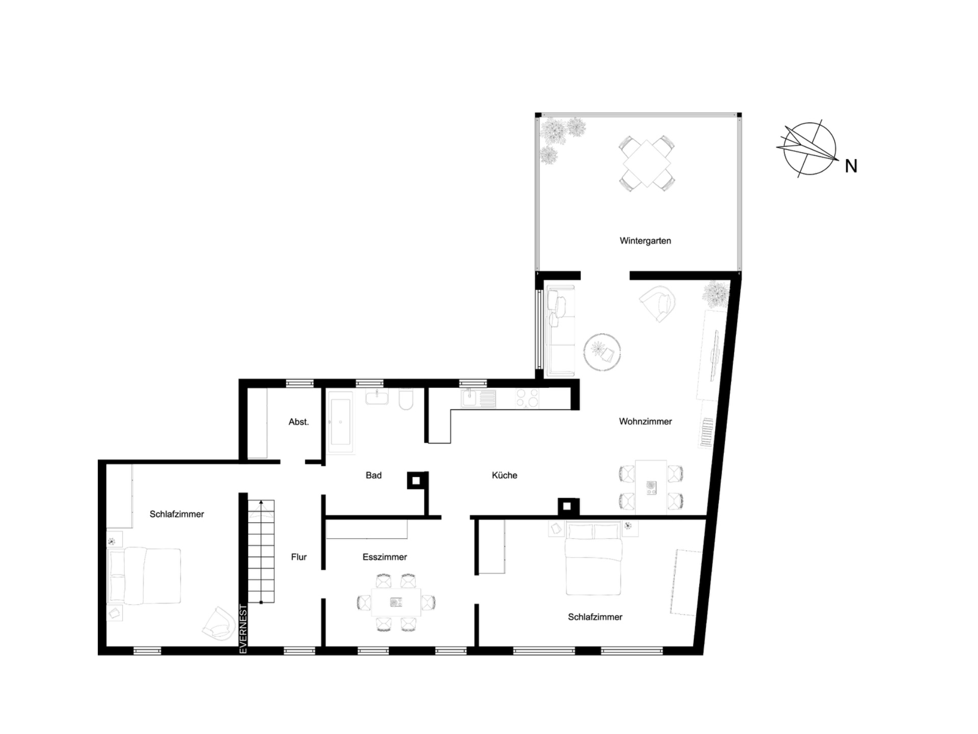 Grundriss mit Wohnzimmer, Wintergarten, zwei Schlafzimmern, Bad, Küche, Esszimmer und Abstellraum.