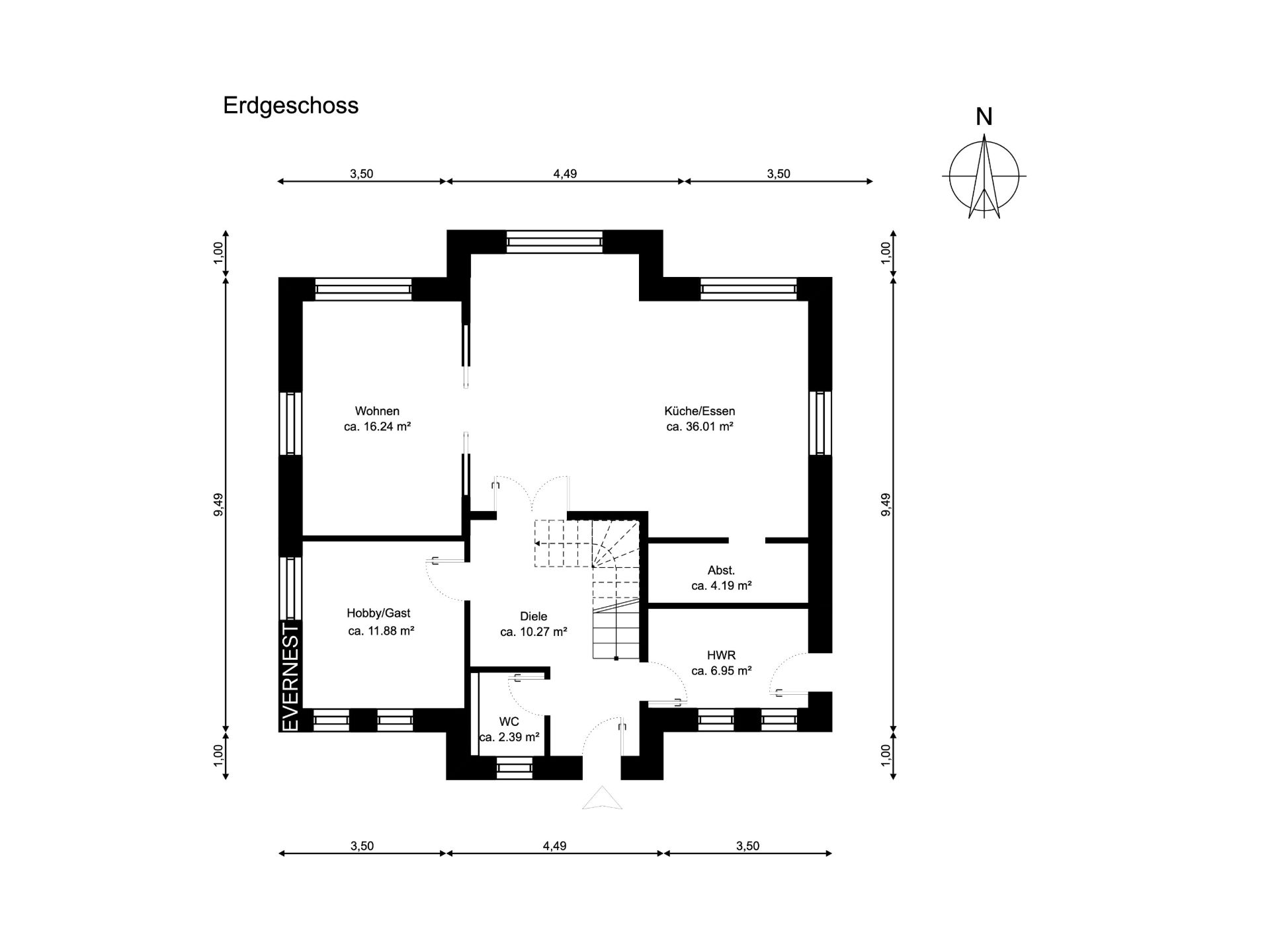 Grundriss des Erdgeschosses mit Wohn-, Esszimmer, WC, Hobbyraum, Abstellraum und Flur.