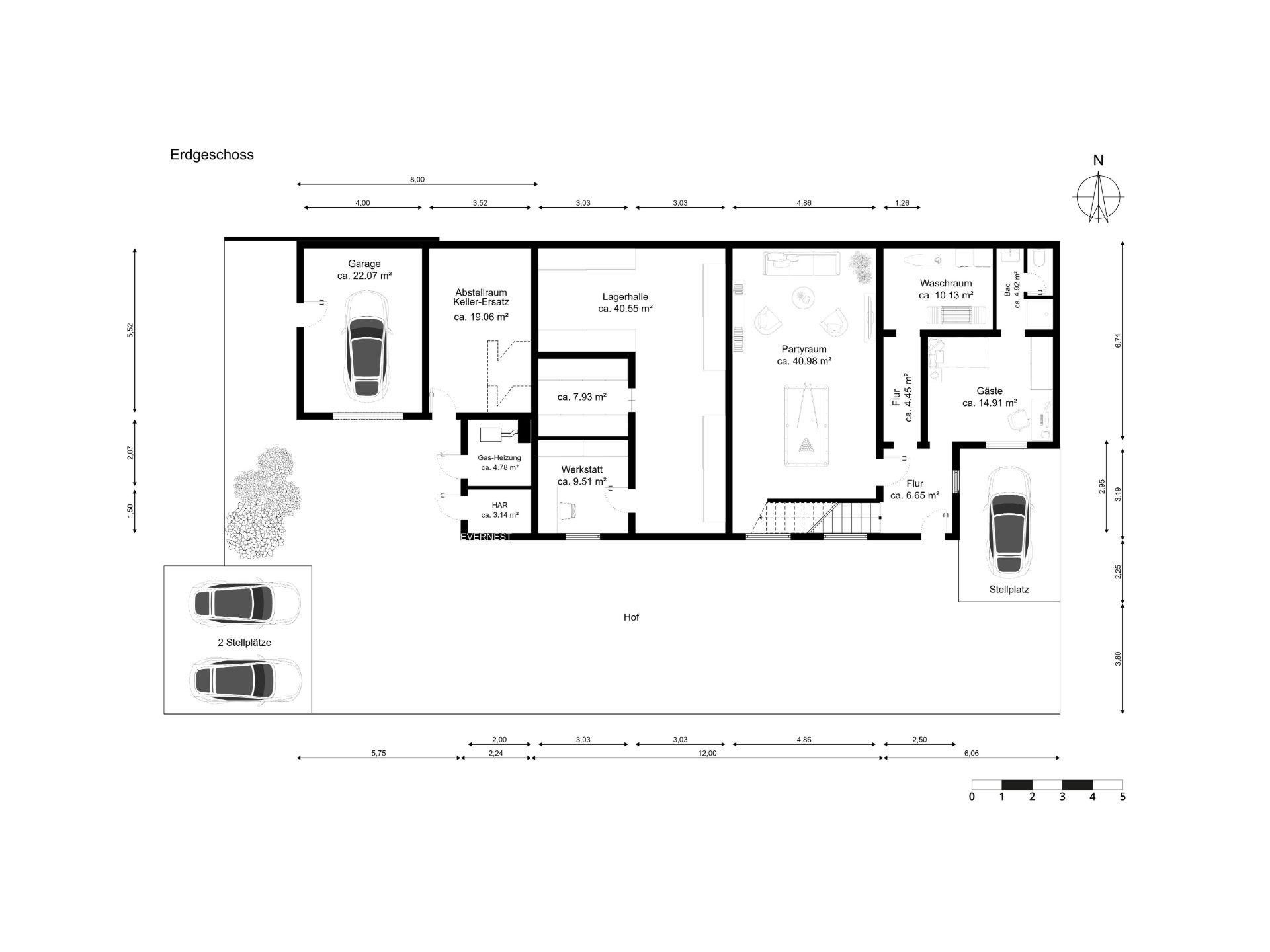 Grundriss des Erdgeschosses mit Garage, Werkstatt, Lagerraum, Partykeller und Stellplätzen.