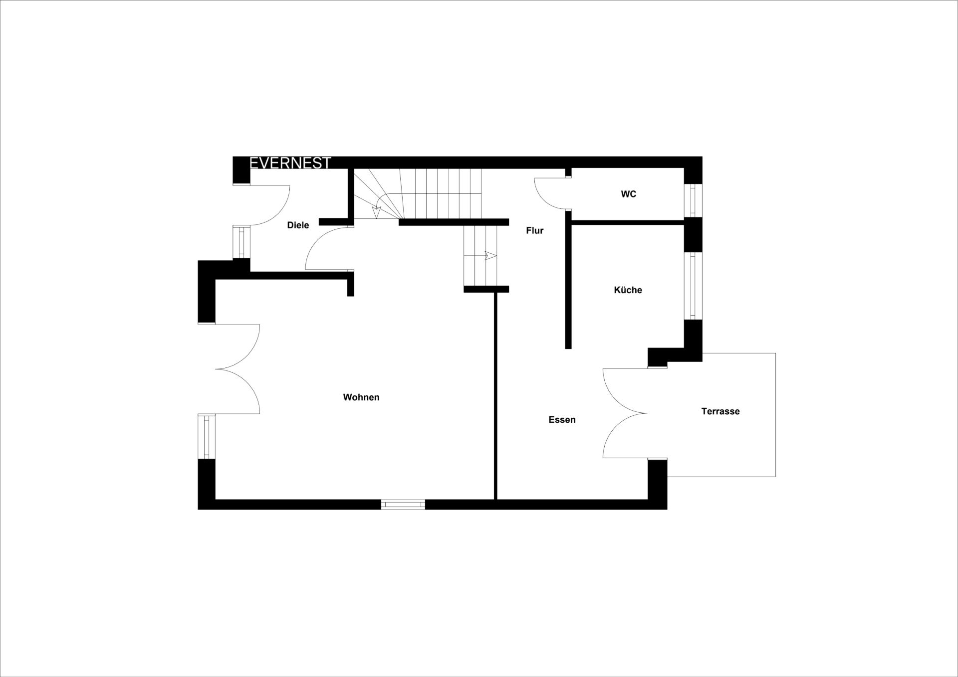Grundriss eines Hauses mit Wohnzimmer, Küche, Essbereich, WC und Terrasse.