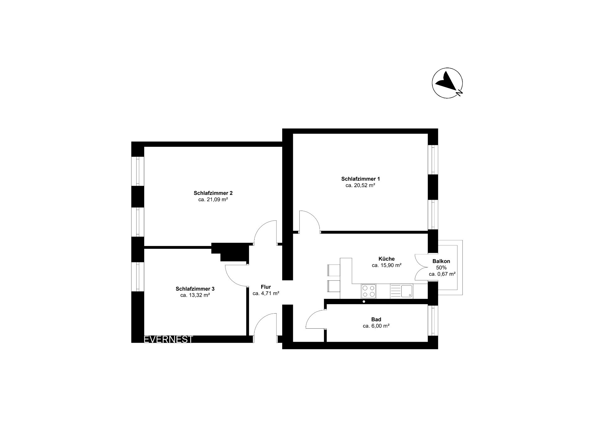 Grundriss einer Wohnung mit drei Schlafzimmern, Küche, Bad, Flur und Balkon.