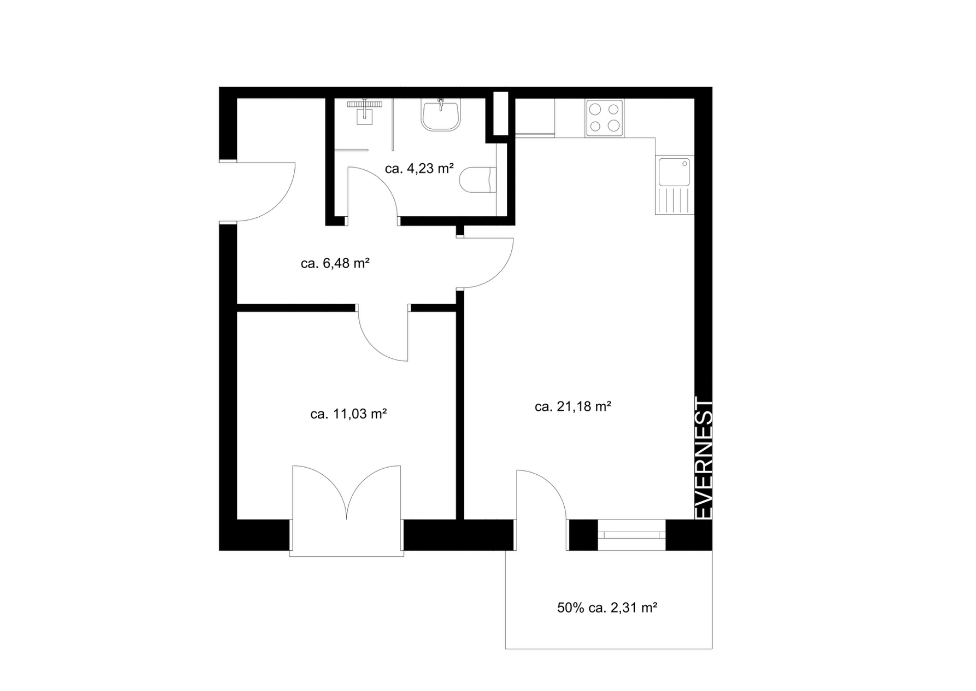 Grundriss einer Wohnung mit mehreren Zimmern und Flächenangaben.