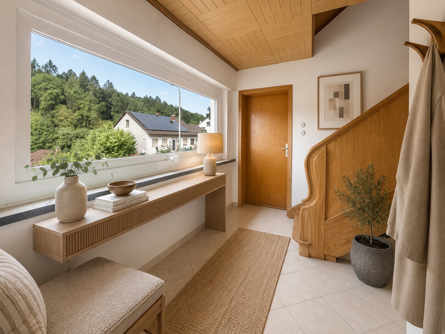Heller Flur mit großem Fenster, Holztreppe, Pflanzen und schlichter Dekoration.
