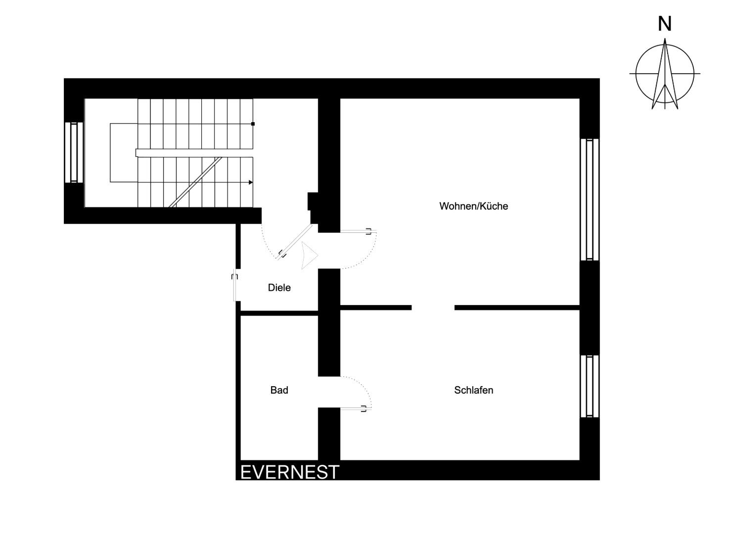 Grundriss mit Diele, Bad, Schlafen und Wohnen/Küche, sowie Treppenhaus und Nordpfeil.