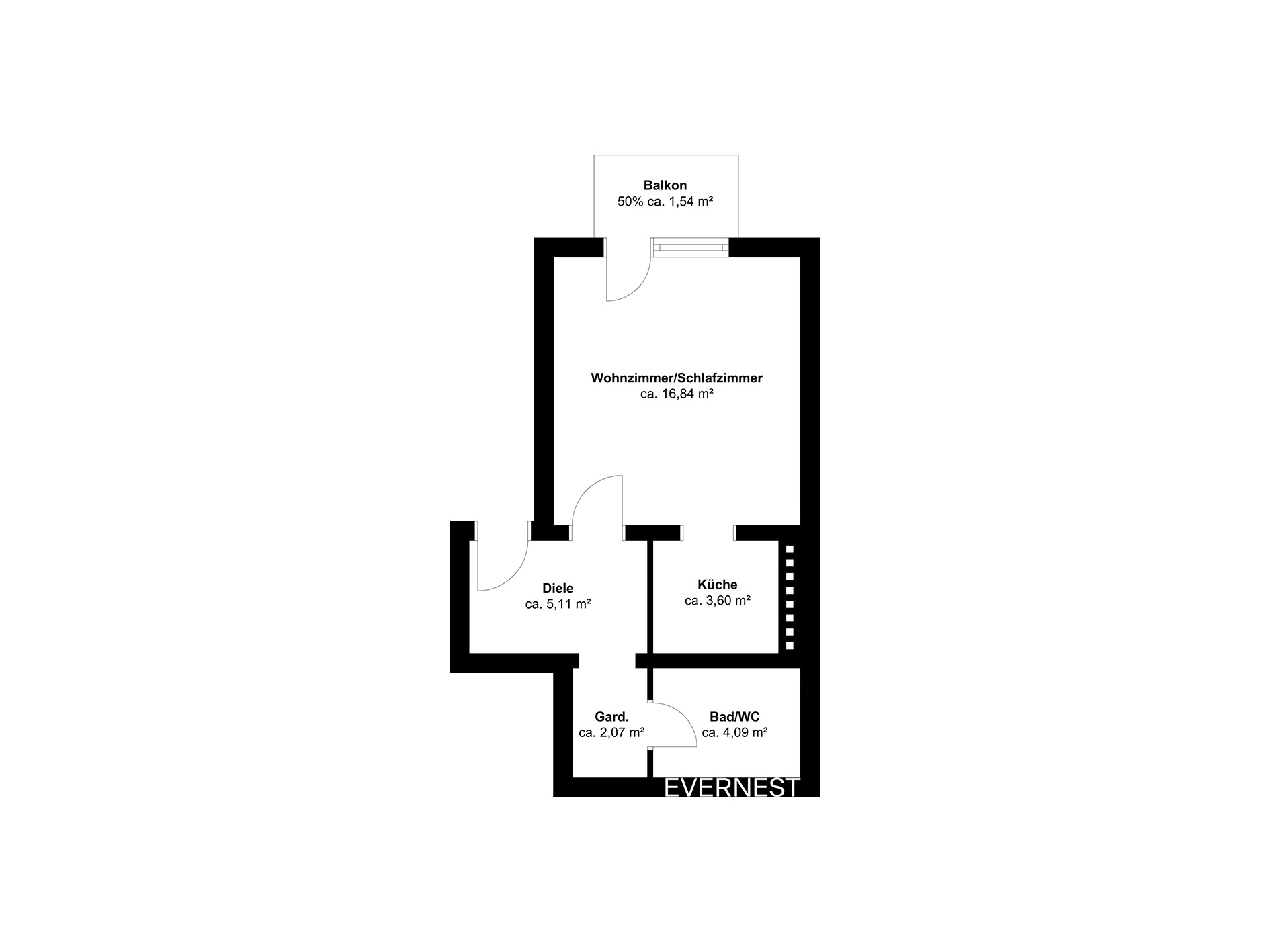 Grundriss einer Wohnung mit Wohnzimmer/Schlafzimmer, Küche, Bad/WC, Diele, Garderobe und Balkon.