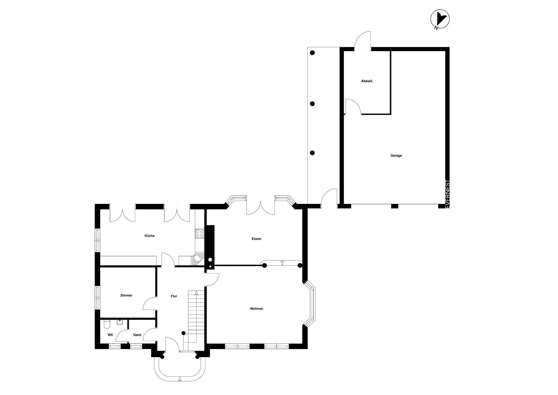 Grundriss eines Hauses mit Küche, Wohnzimmer, Esszimmer, Zimmer, WC und Garage.