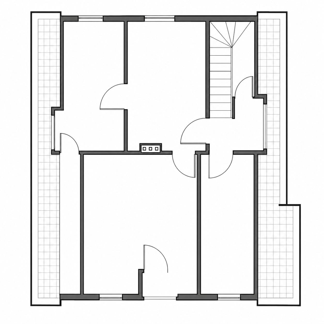 Schwarz-weißer Grundriss einer Wohnung mit mehreren Räumen und Treppenaufgang.