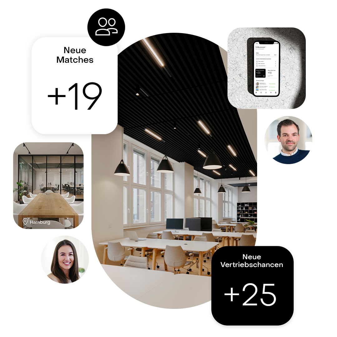 Großes, modernes Büro mit vielen Schreibtischen, Stühlen und großen Fenstern.