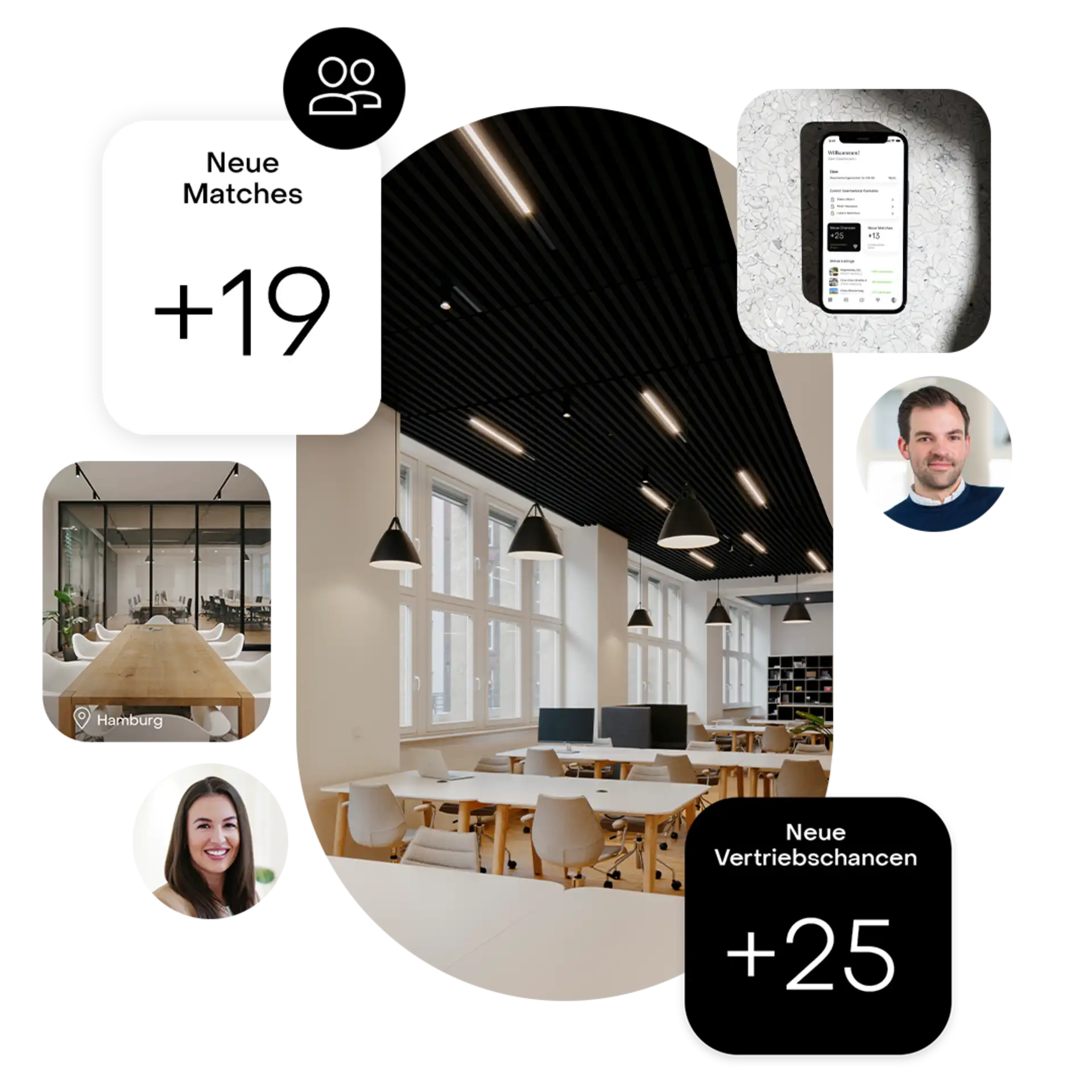 Großes, modernes Büro mit vielen Schreibtischen, Stühlen und großen Fenstern.