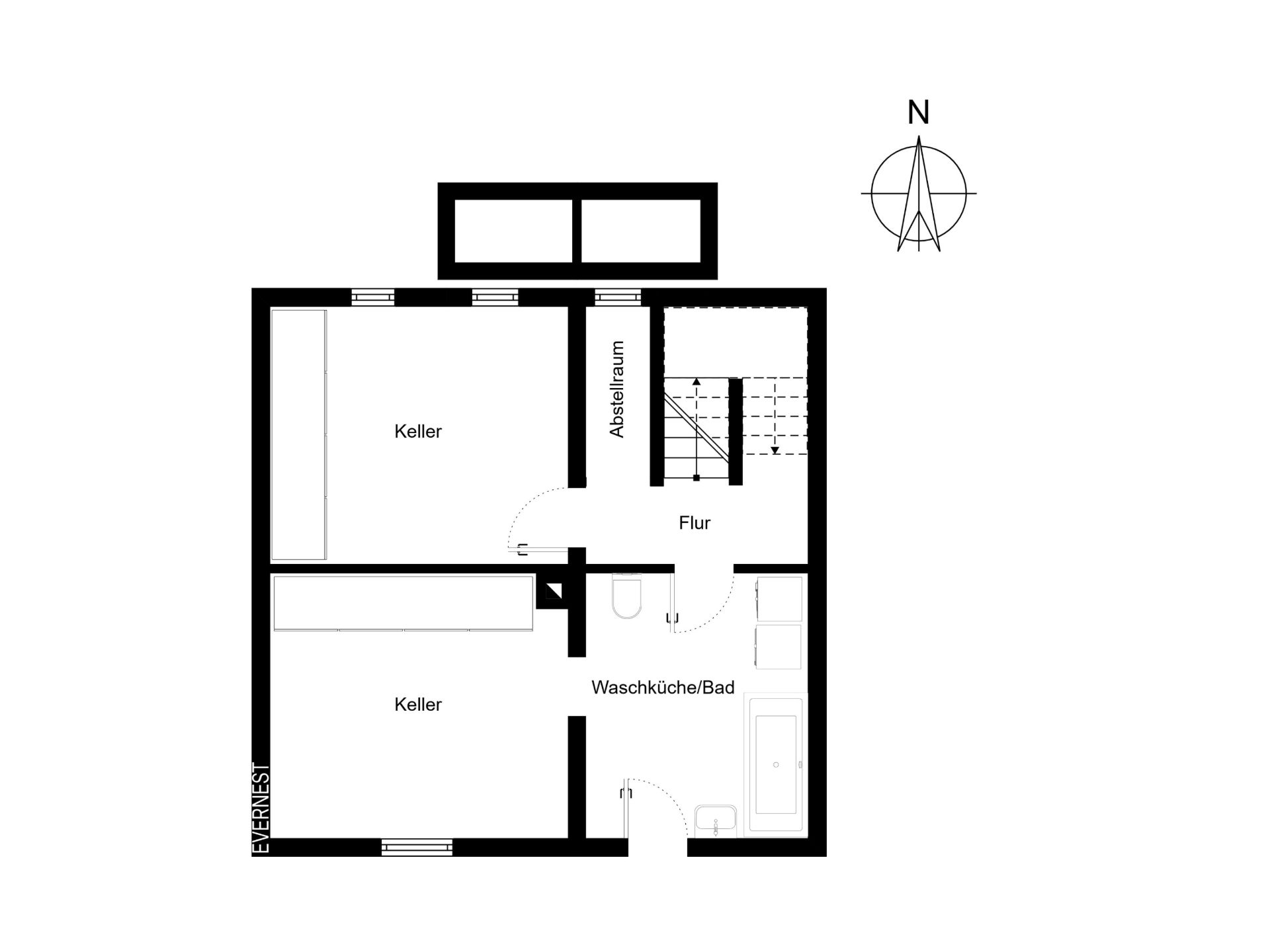 Grundriss eines Kellers mit zwei Kellerräumen, Abstellraum, Wasch­küche/Bad und Flur.