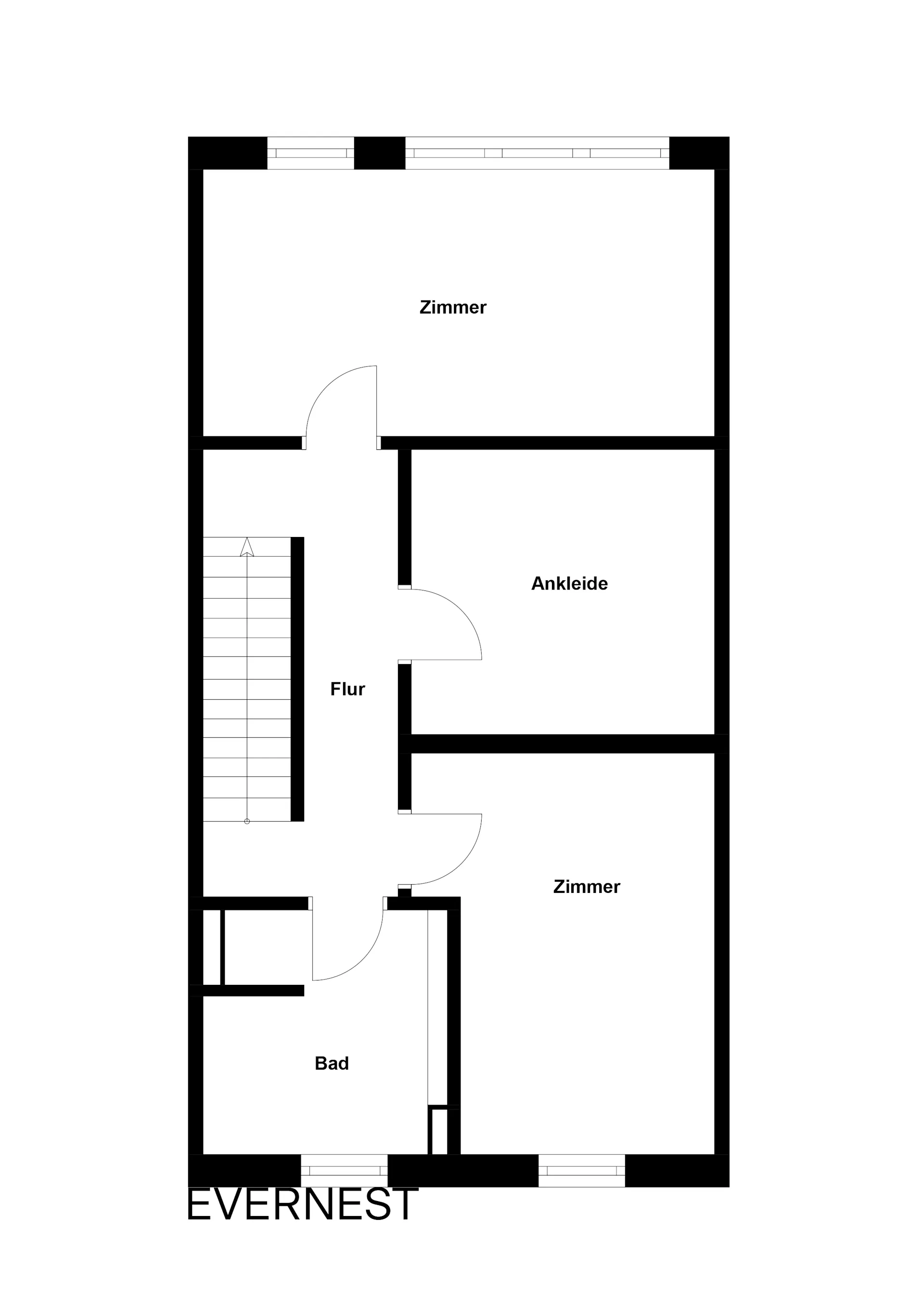 Grundriss mit zwei Zimmern, Ankleide, Bad und Flur mit Treppe.