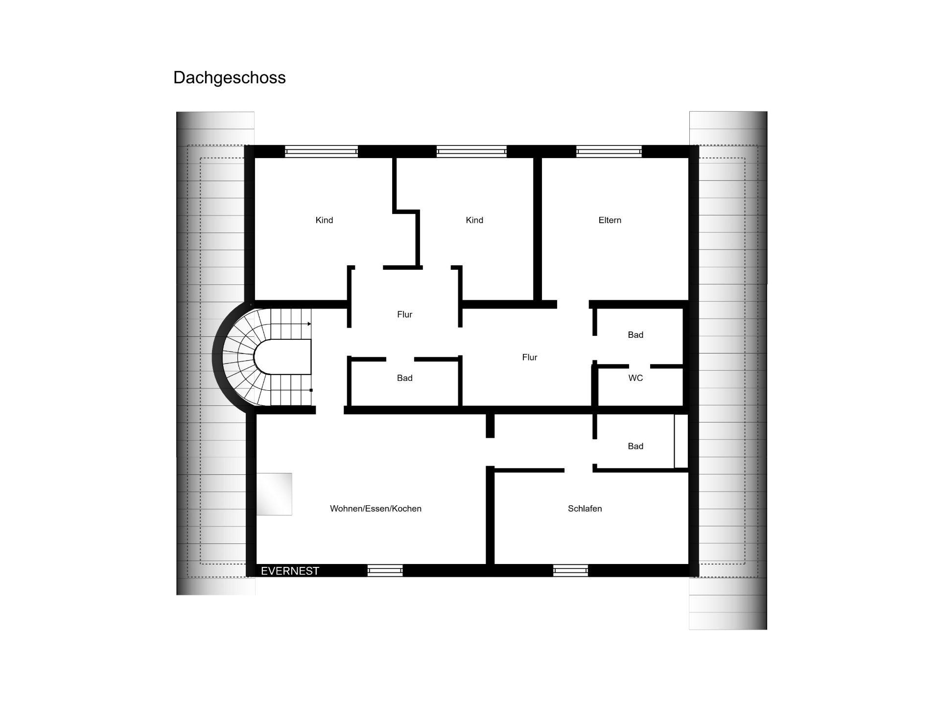 Grundriss eines Dachgeschosses mit mehreren Zimmern, Bädern und Wohnbereich.