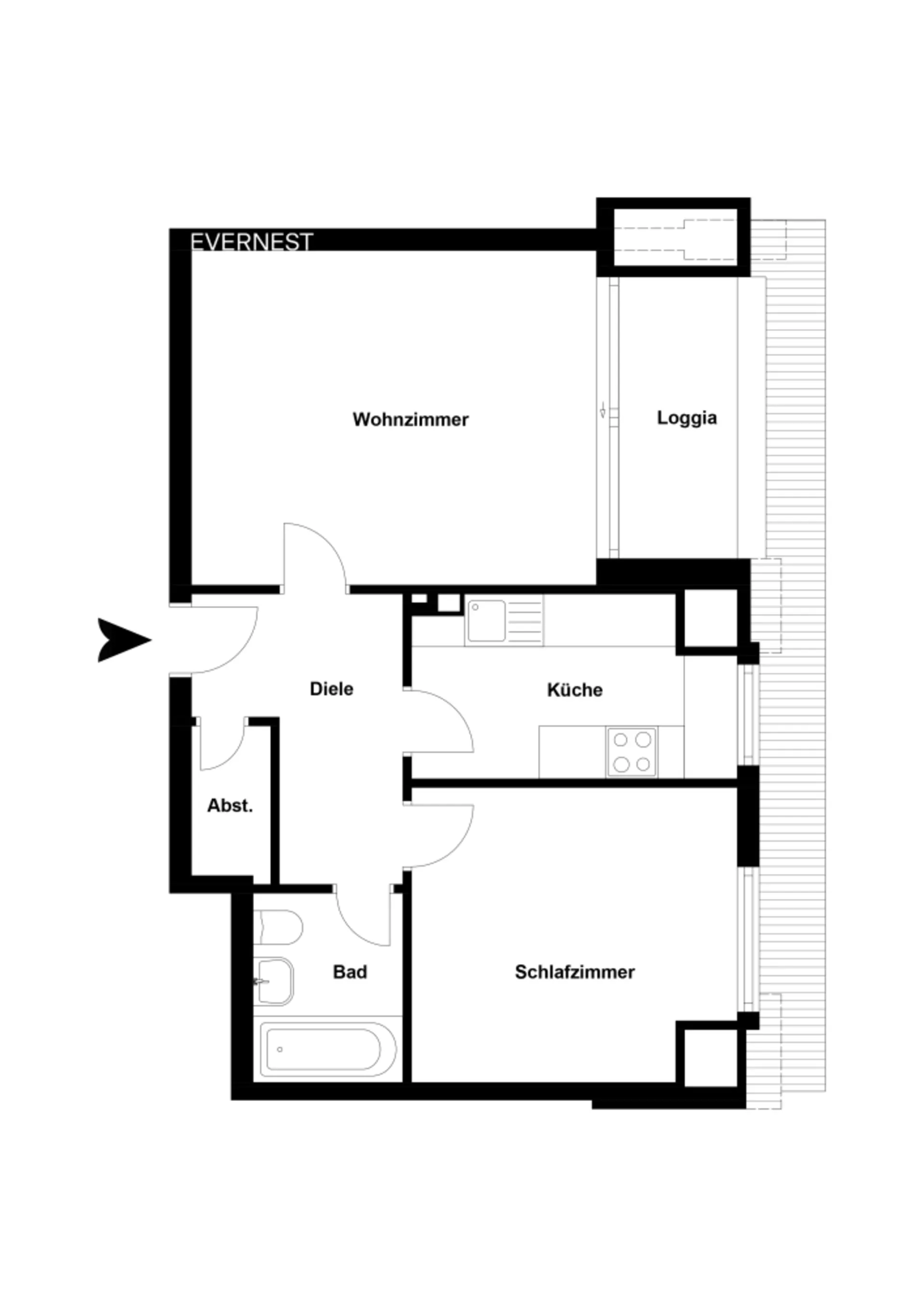 Grundriss einer Wohnung mit Wohnzimmer, Schlafzimmer, Küche, Bad, Abstellraum und Loggia.