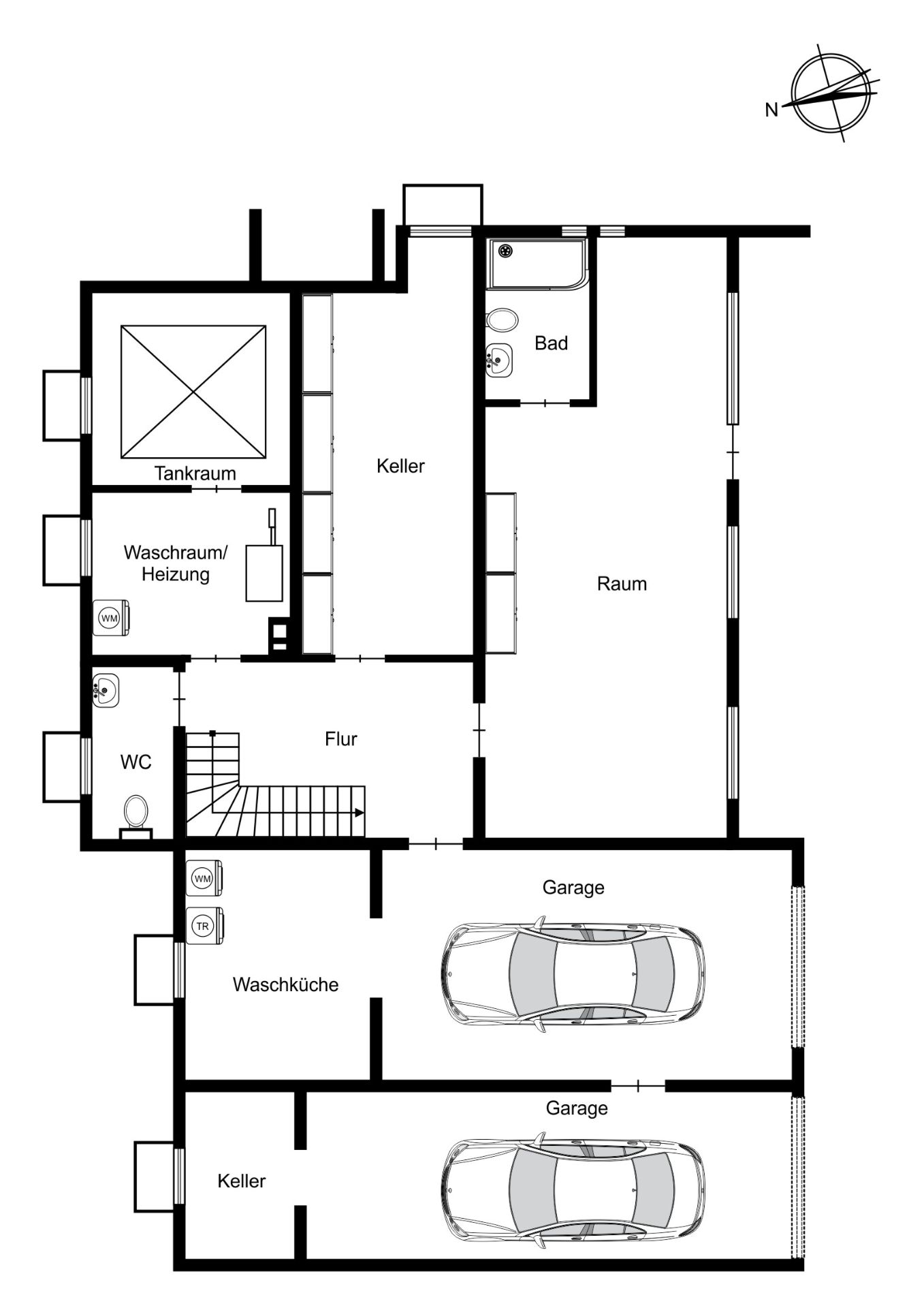 Grundriss eines Kellers mit Garage, Waschküche, Bad, WC, Tankraum und mehreren Kellerräumen.