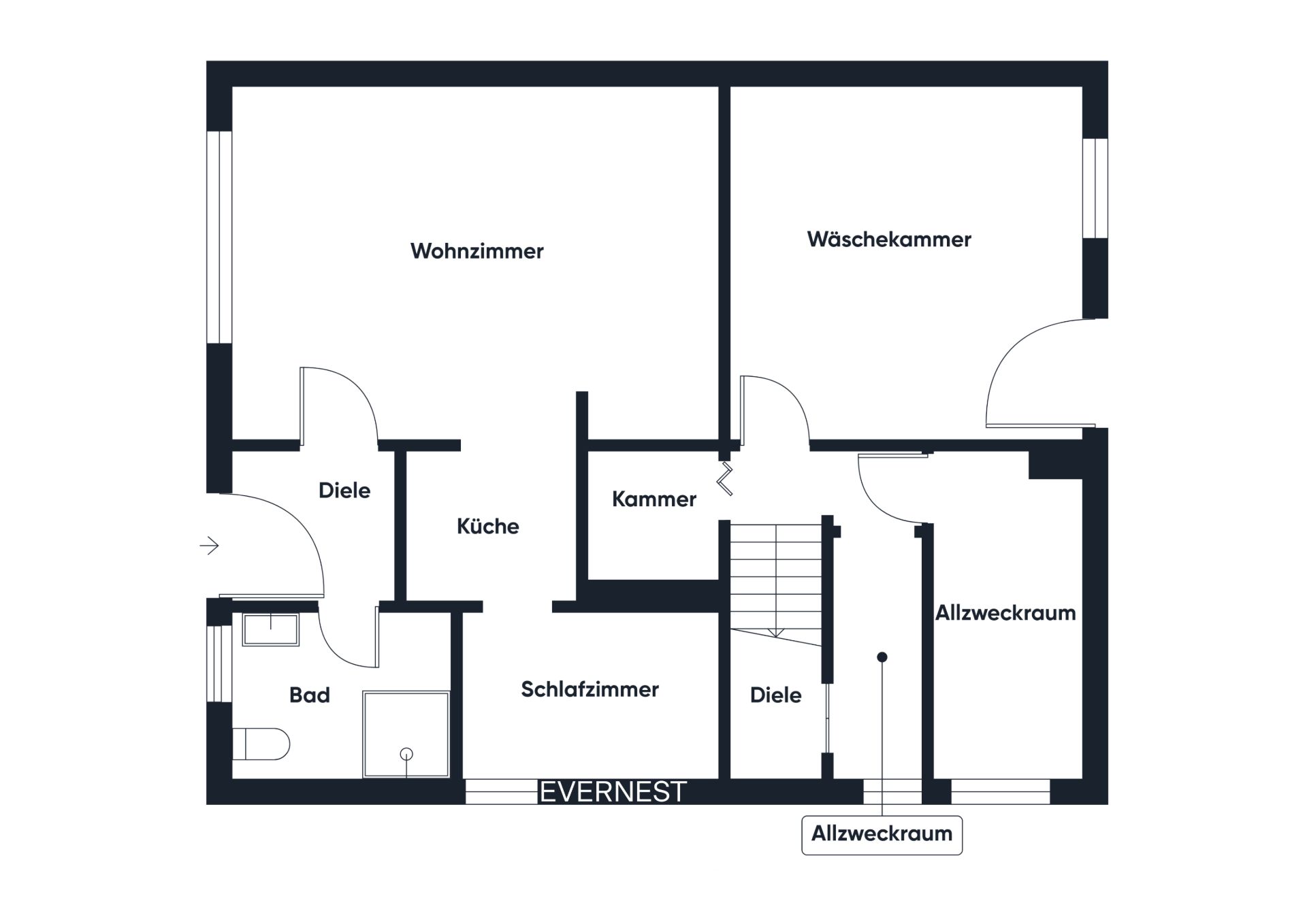 Grundriss einer Wohnung mit Wohnzimmer, Schlafzimmer, Küche, Bad, Kammer und zwei Allzweckräumen.