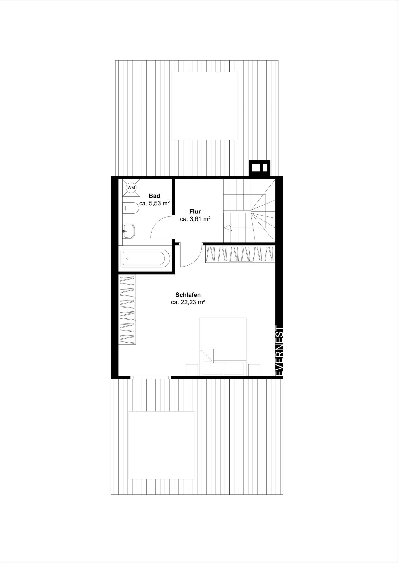 Grundriss mit Schlafzimmer, Bad und Flur. Schlafzimmer etwa 22 m², Bad etwa 5 m².