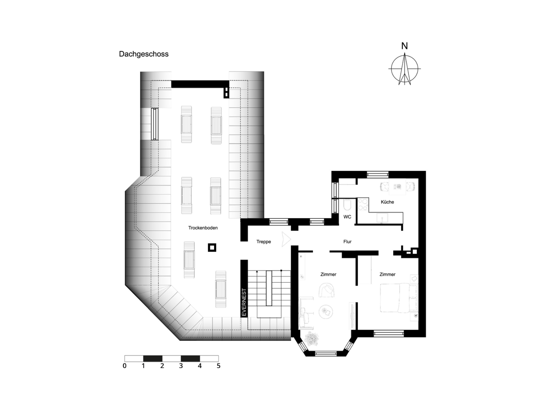 Grundriss eines Dachgeschosses mit Küche, WC, zwei Zimmern und Trockenboden.
