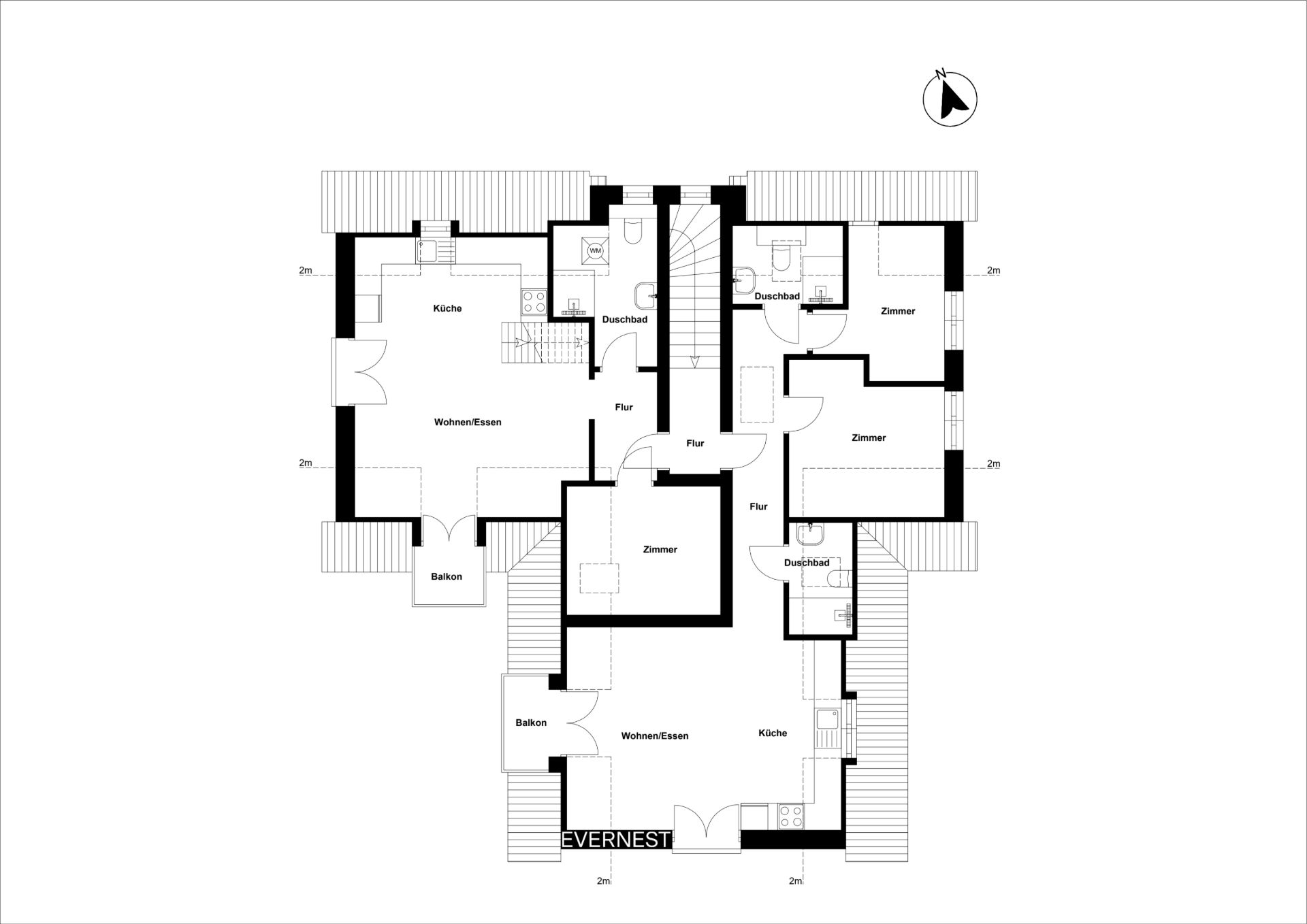 Grundriss eines Wohnhauses mit mehreren Zimmern, Küchen, Balkonen und Bädern.