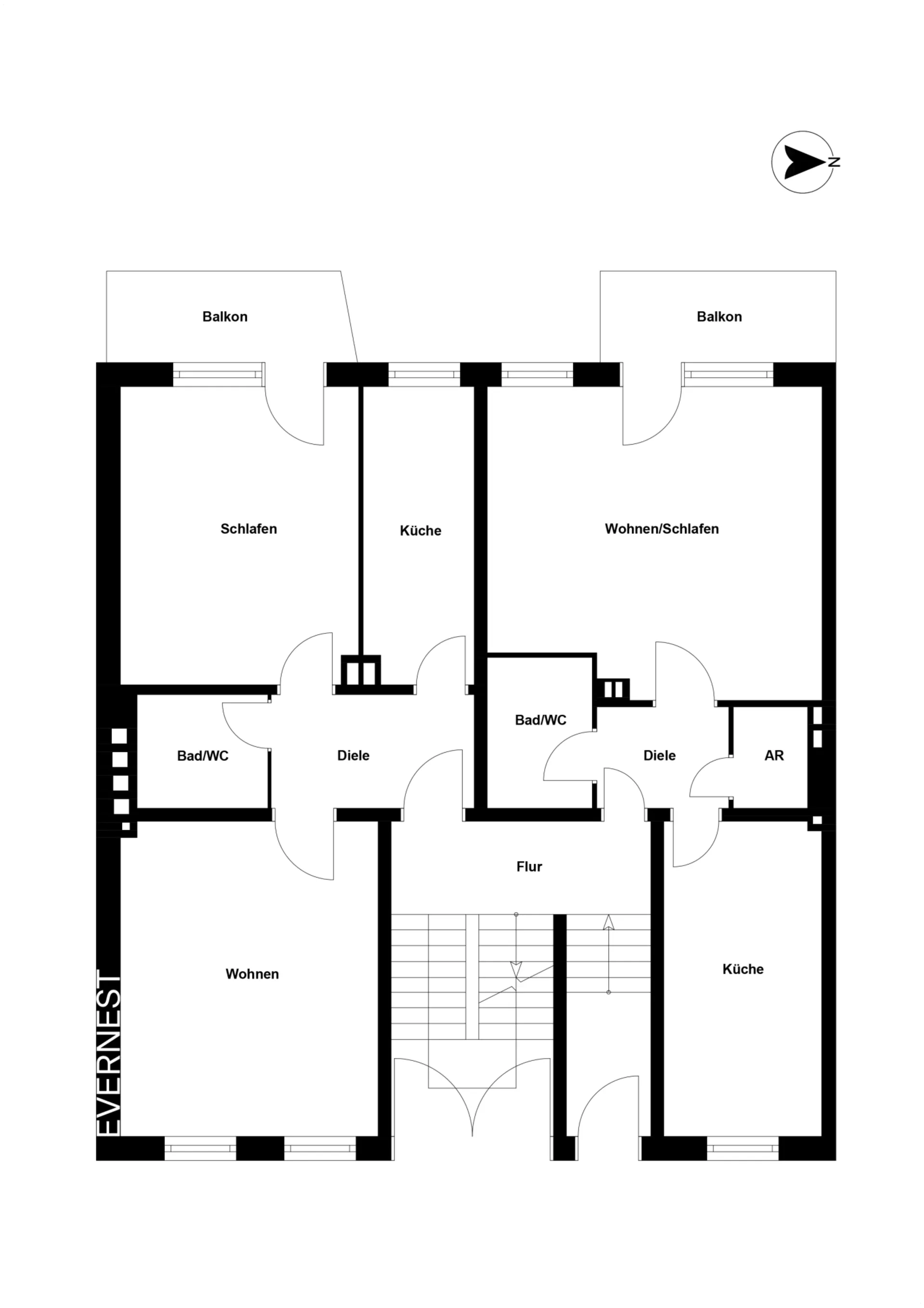 Grundriss einer Wohnung mit Schlaf-, Wohnräumen, Küchen, Bädern und zwei Balkonen.