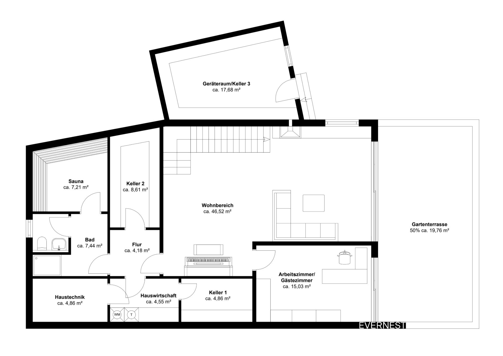 Grundriss mit Wohnbereich, Sauna, Bad, Arbeitszimmer, Keller und Terrasse.