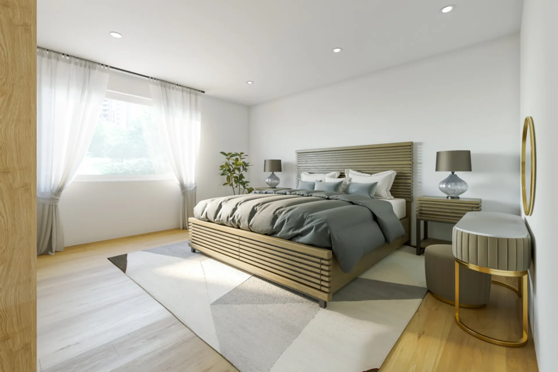 Helles Schlafzimmer mit Doppelbett, Nachttischen, Schminktisch, Teppich und Fenster mit Vorhängen.