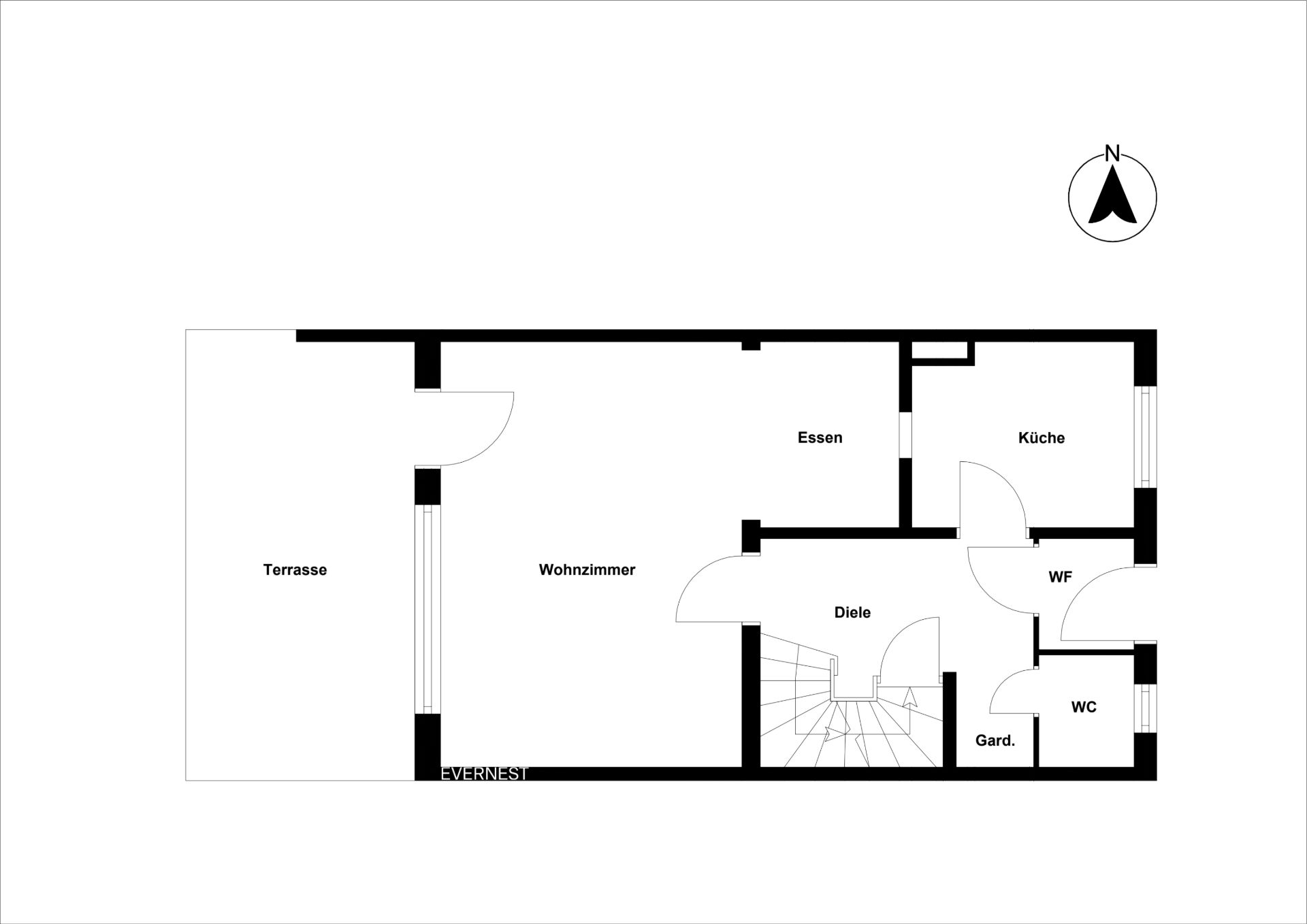 Grundriss mit Terrasse, Wohnzimmer, Essbereich, Küche, Diele, WC, Garderobe und Wirtschaftsraum.