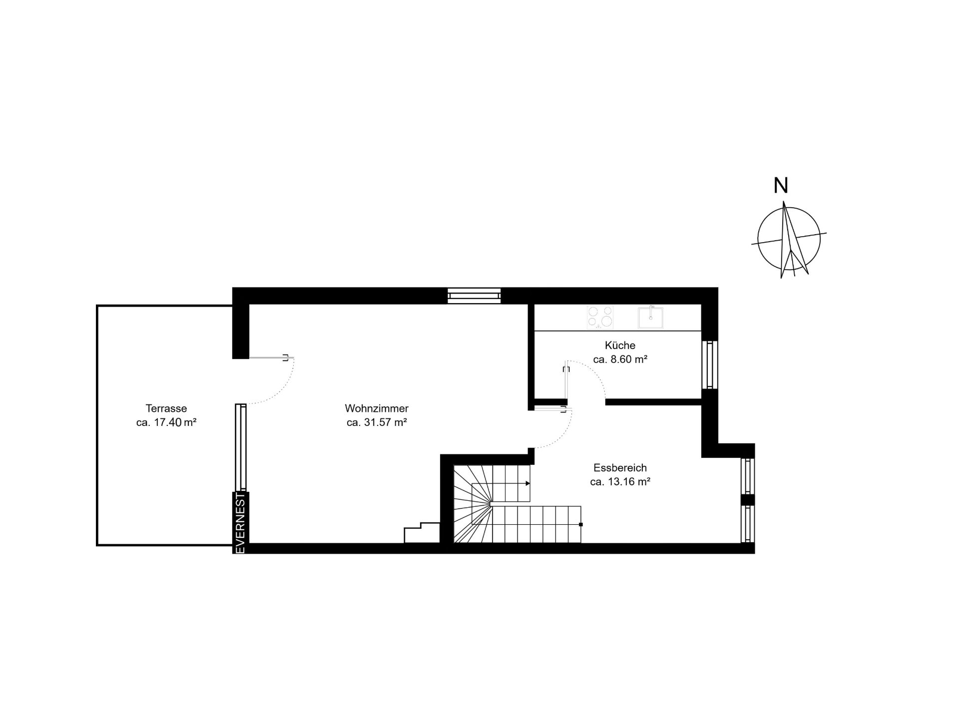 Grundriss mit Wohnzimmer, Küche, Essbereich und Terrasse, Flächenangaben in Quadratmetern.