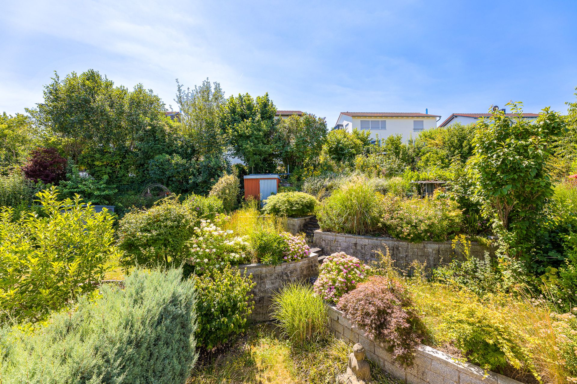 Garten mit bunten Blumen, Sträuchern und Bäumen, im Hintergrund Wohnhäuser und ein kleines Gartenhaus.
