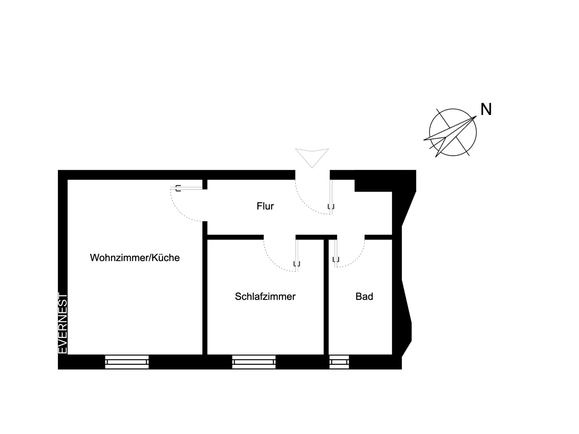 Grundriss mit Wohnzimmer/Küche, Flur, Schlafzimmer und Bad.