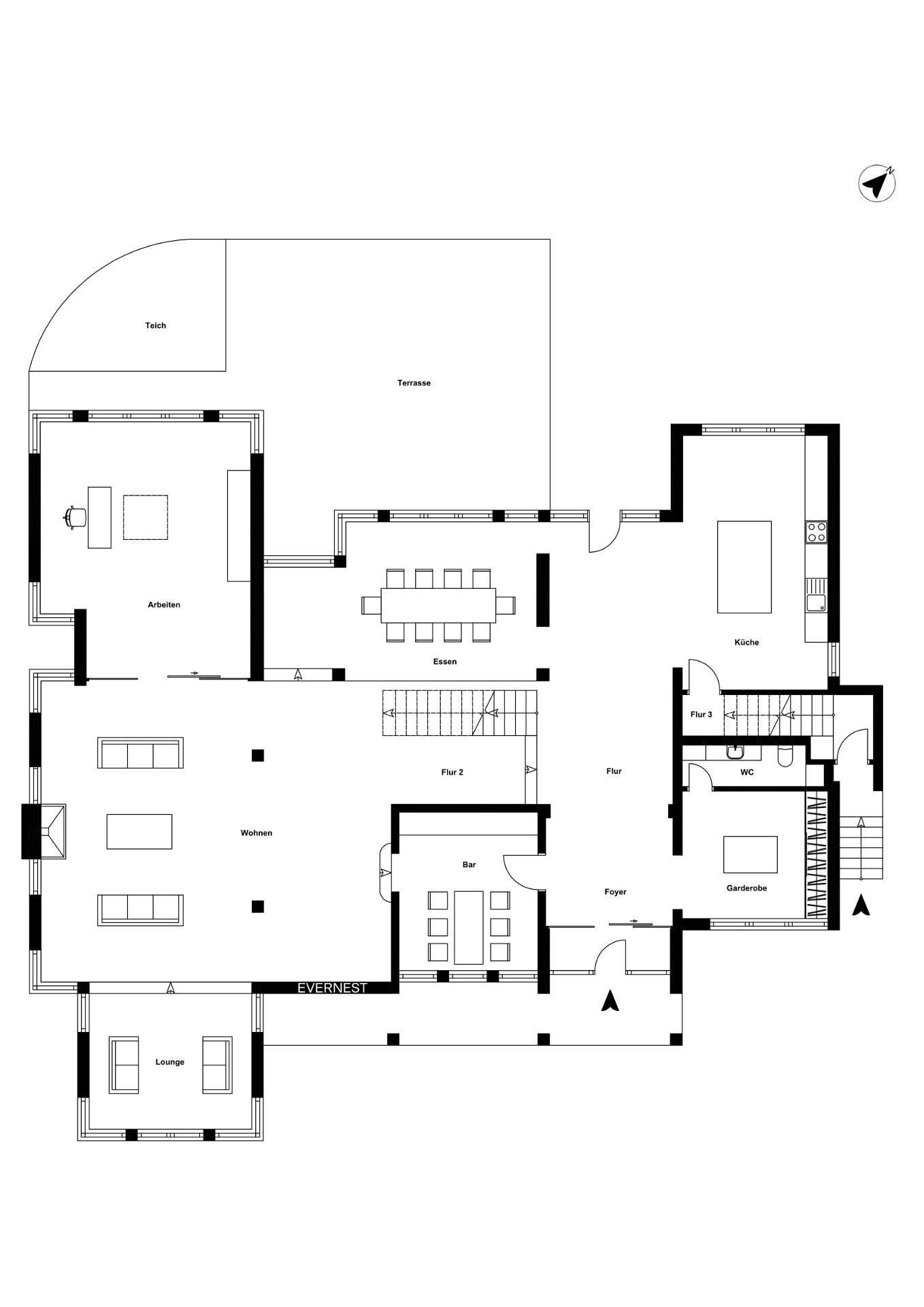 Grundriss eines Hauses mit Wohnzimmer, Küche, Essbereich und Terrasse.