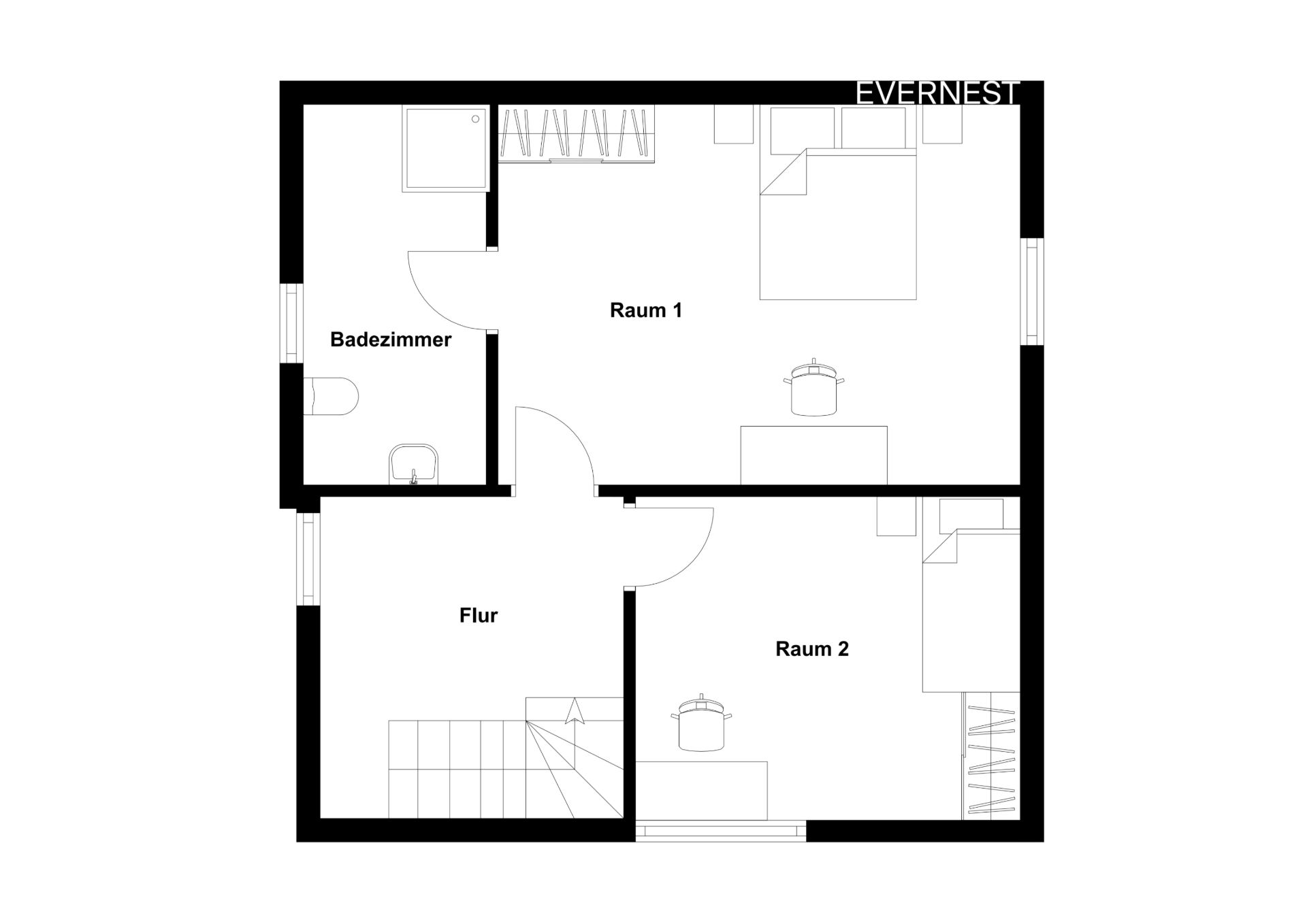 Grundriss mit zwei Zimmern, Flur und Badezimmer.