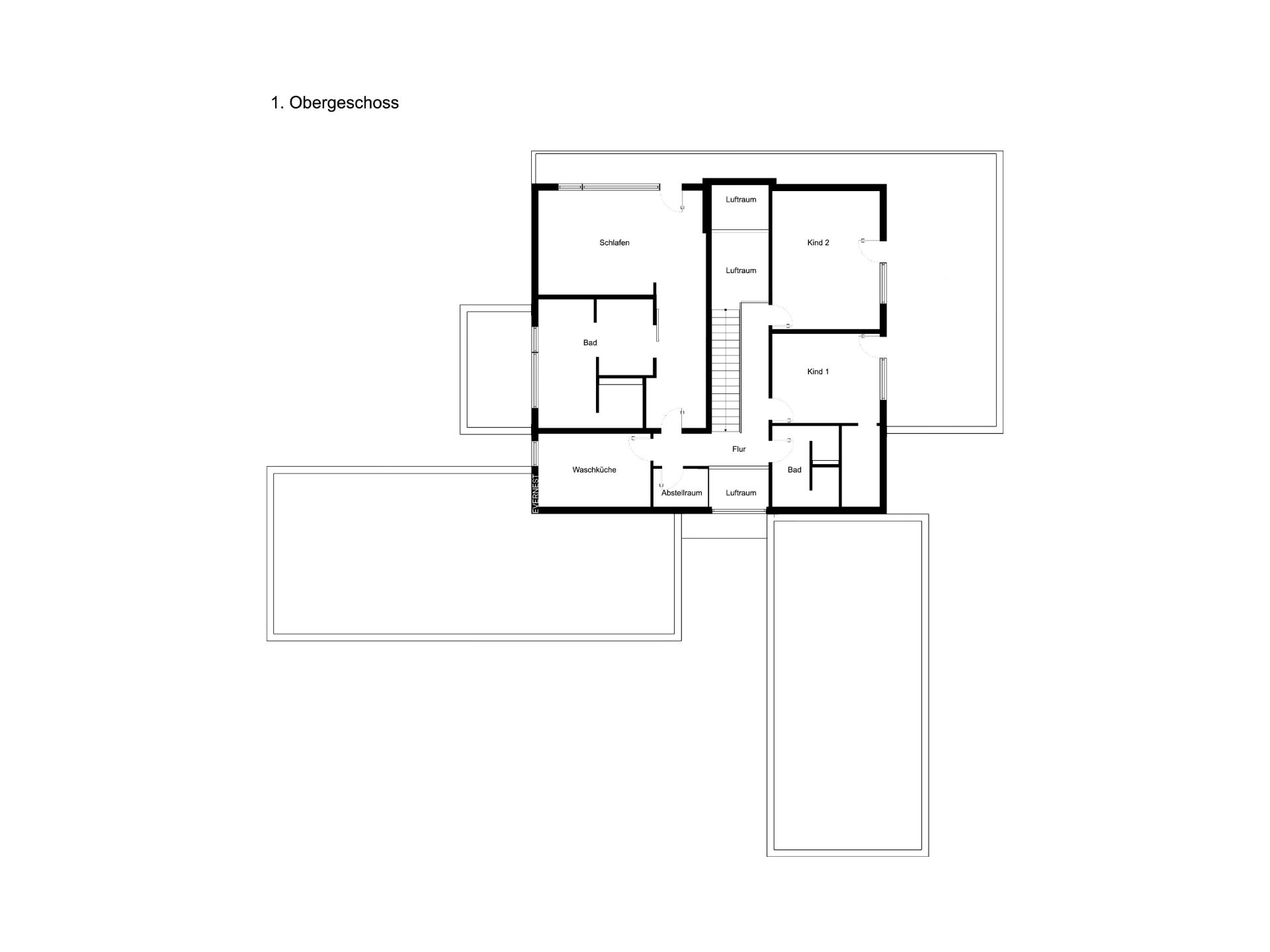 Grundriss des ersten Obergeschosses mit Schlafzimmer, Bad, Kinderzimmern und Flur.