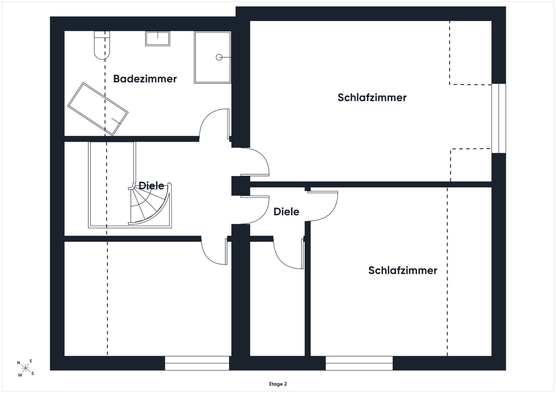 Grundriss mit zwei Schlafzimmern, einem Badezimmer und Flur auf einer Etage.